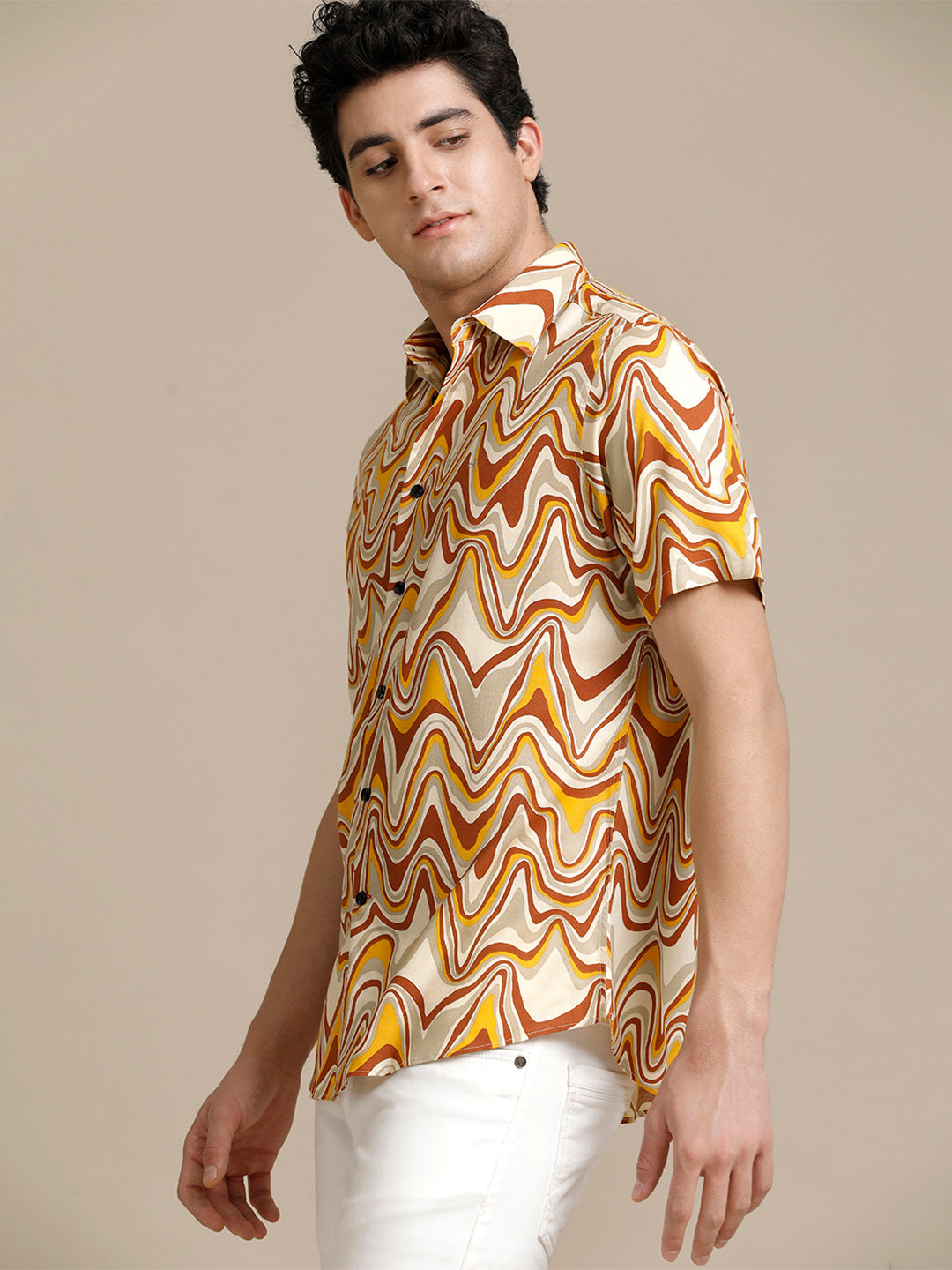 Aldeno Mens Regular Fit Abstract Beige/Rust/Yellow Casual Rayon Shirt (PIMUL)