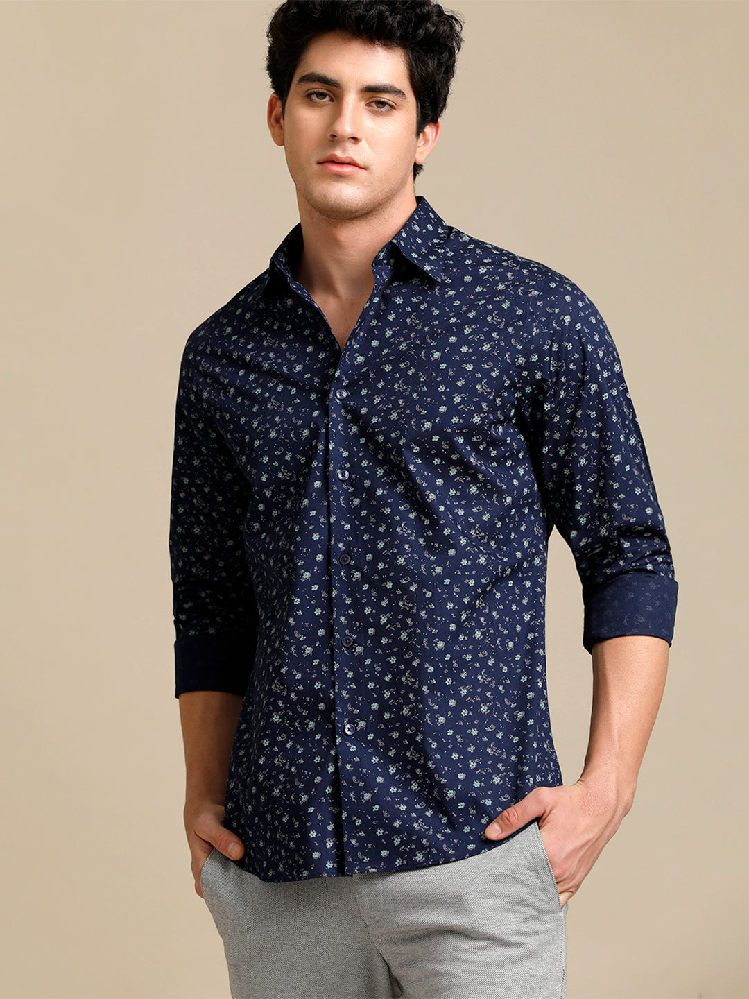 Aldeno Mens Regular Fit Floral Aop Starlight Blue/Green Casual Cotton SHIRT (POPIN)