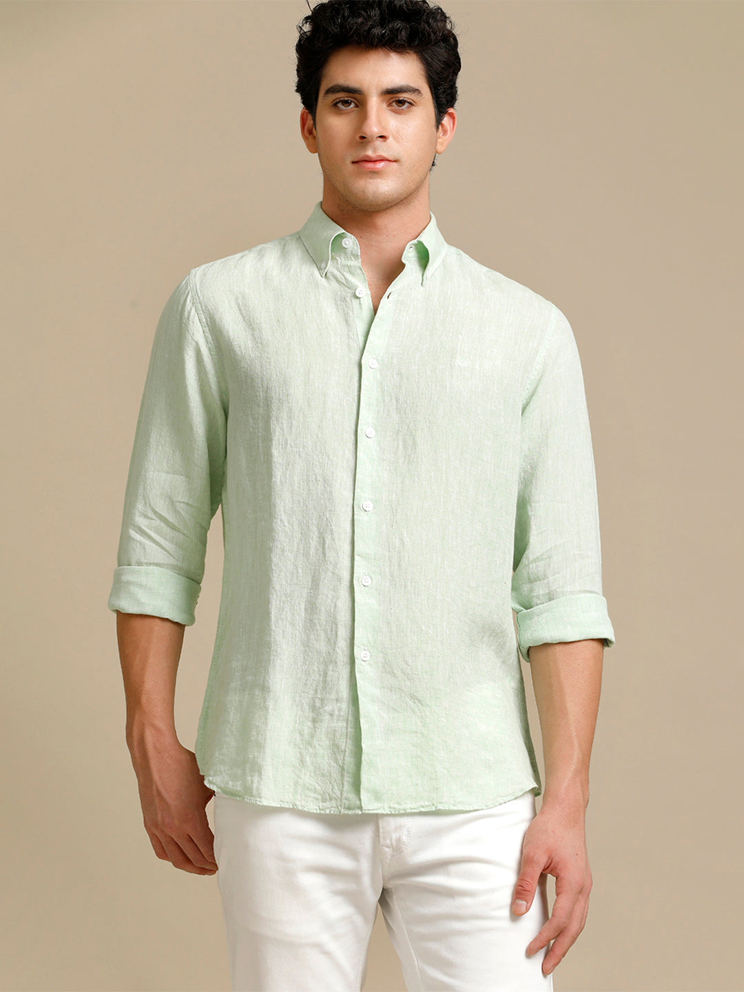Aldeno Mens Regular Fit Tea Green Solid Casual Linen Shirt (LAGON)