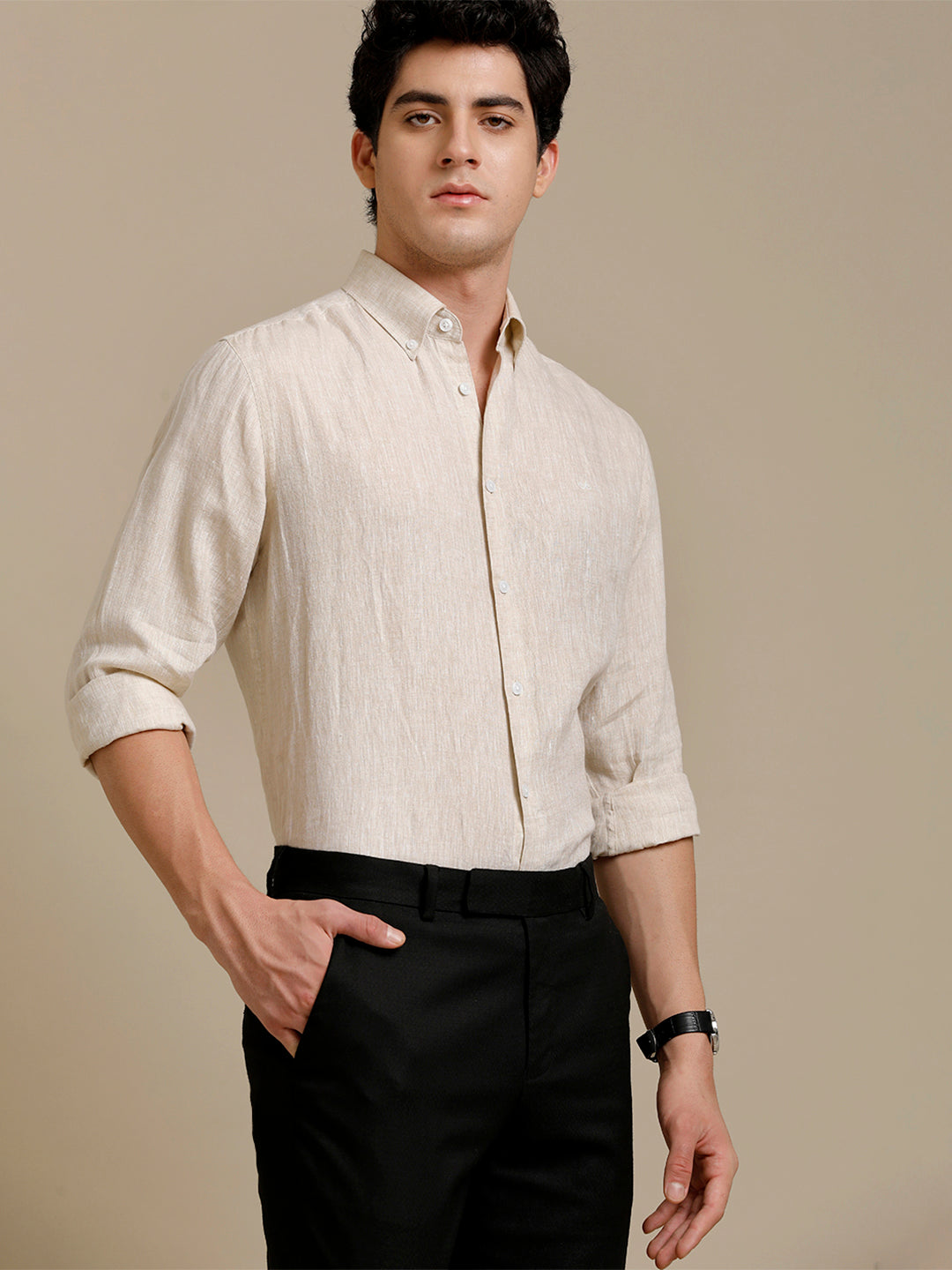 Aldeno Mens Regular Fit Cream Solid Casual Linen Shirt (LACEG)