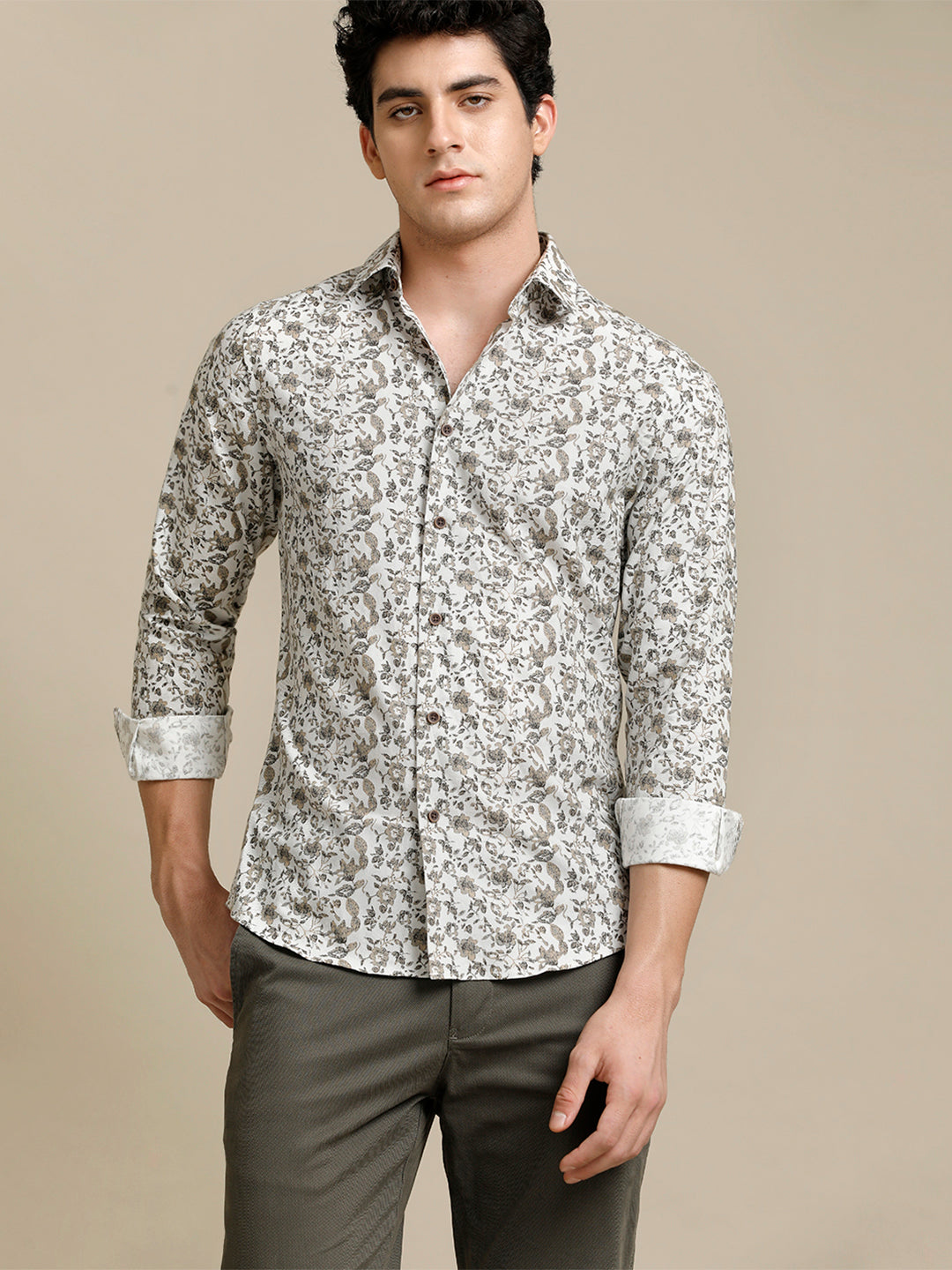 Aldeno Mens Slim Fit Floral Aop White/Brown Casual Cotton Shirt (BEFOL)