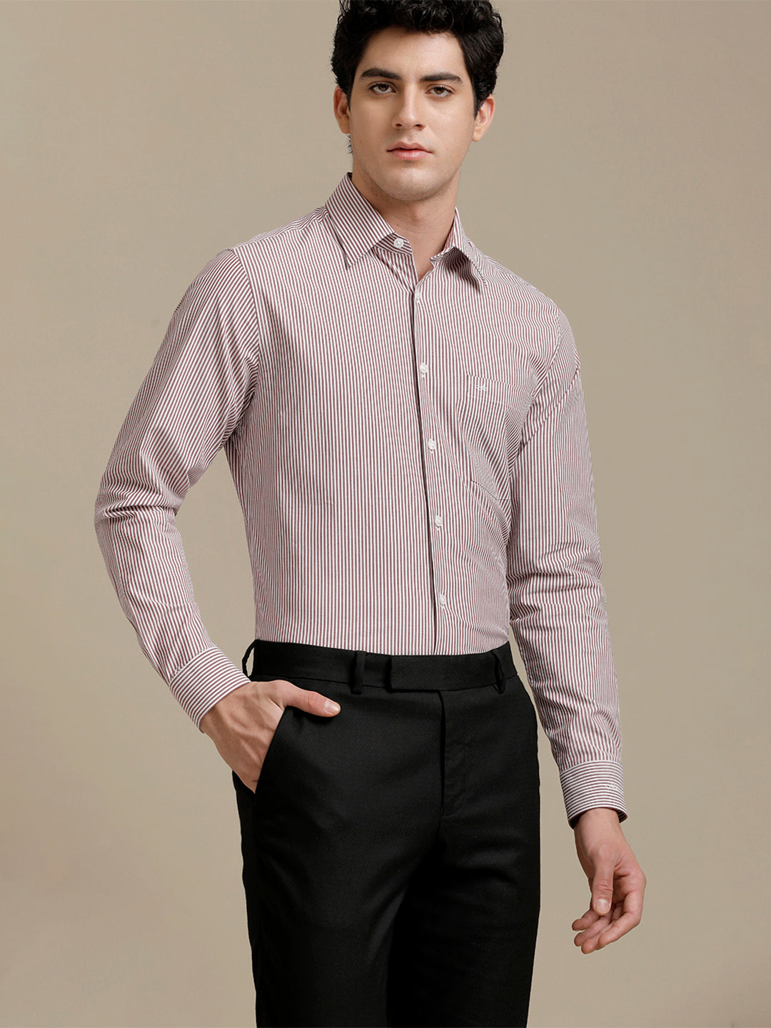 Aldeno Mens Slim Fit Maroon/White Stripe Formal Cotton Blend Stretch Shirt (RENZO)