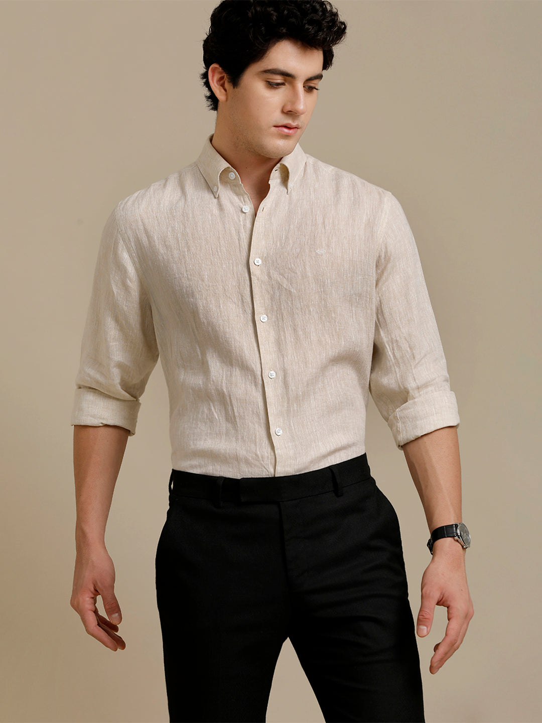 Aldeno Mens Regular Fit Cream Solid Casual Linen Shirt (LACEG)