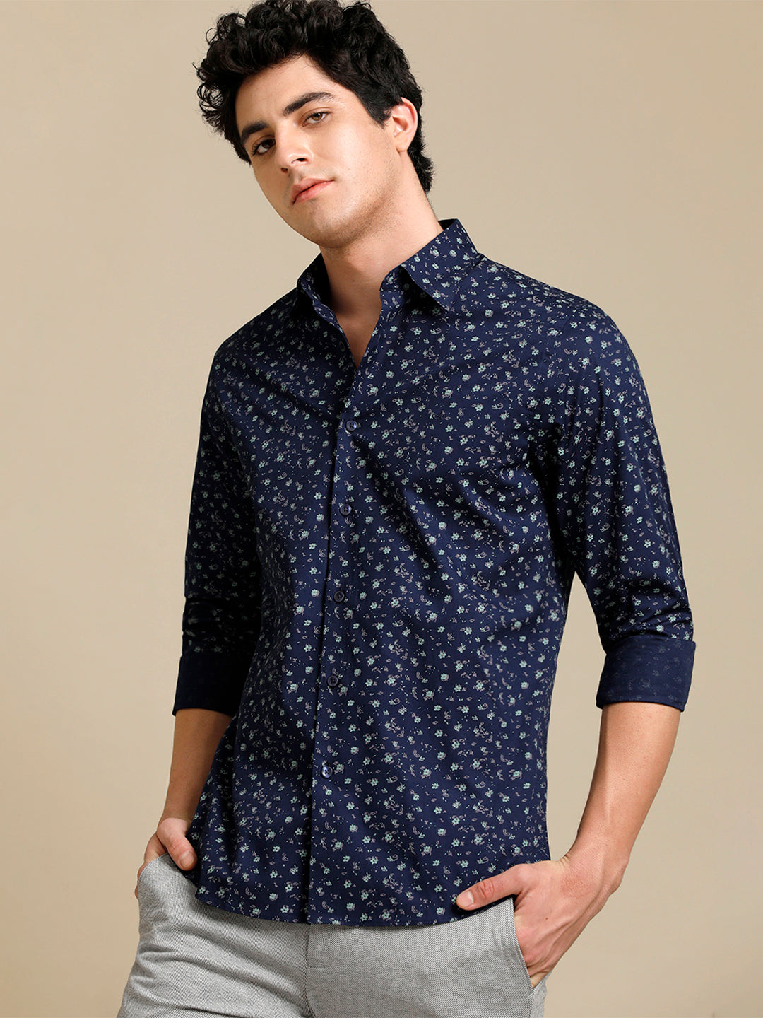 Aldeno Mens Regular Fit Floral Aop Starlight Blue/Green Casual Cotton SHIRT (POPIN)