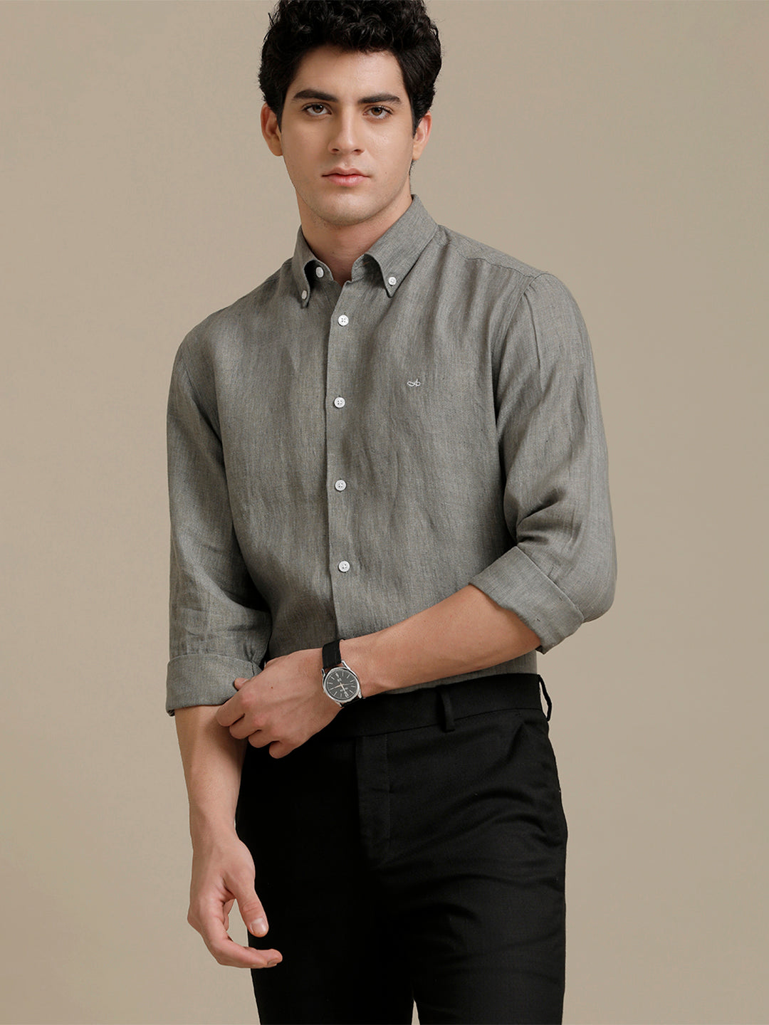 Aldeno Mens Regular Fit Seaweed Green Solid Casual Linen Shirt (LAGRE)