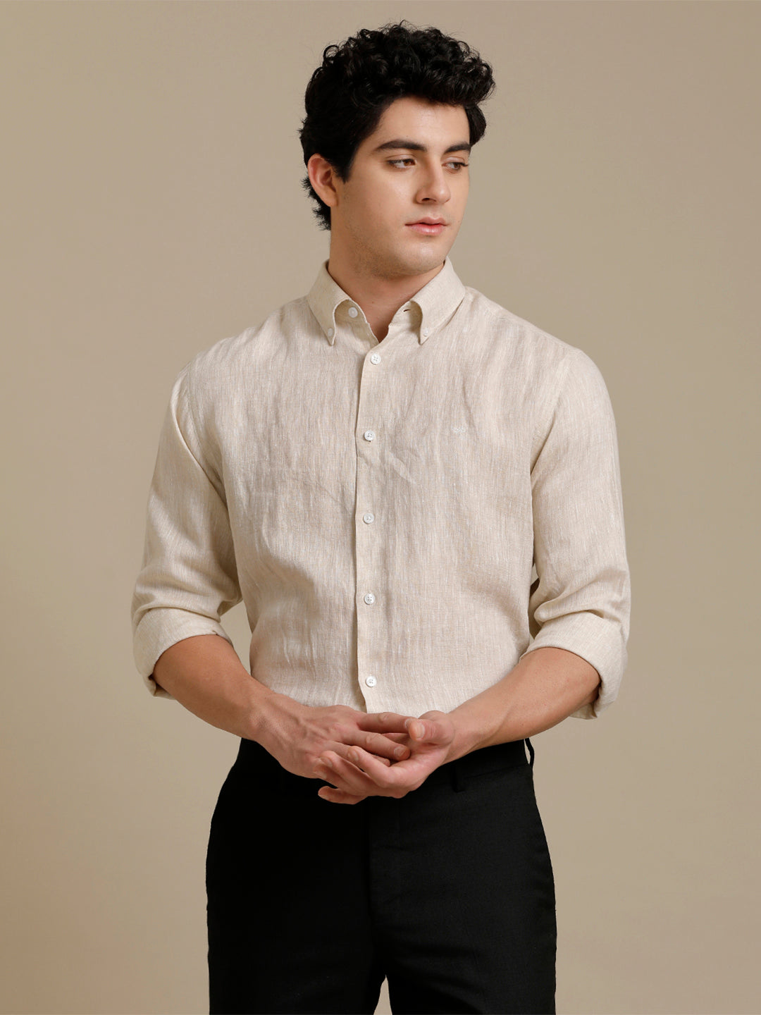 Aldeno Mens Regular Fit Cream Solid Casual Linen Shirt (LACEG)