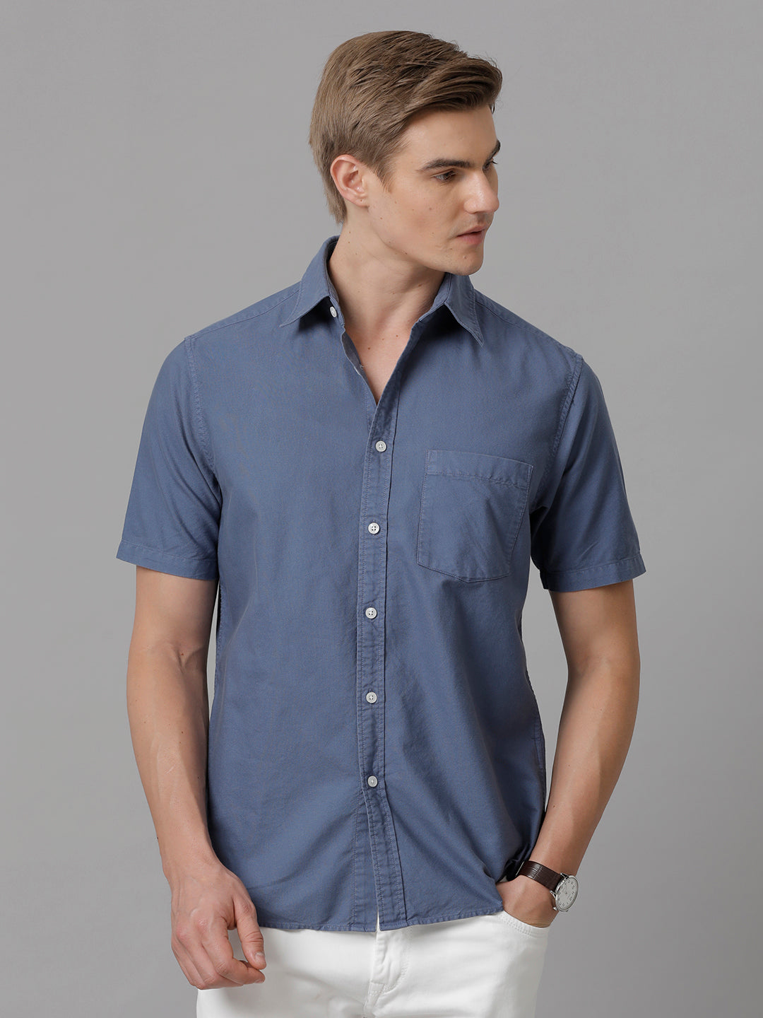 Aldeno Men Solid Casual Blue Shirt (OLIXY)