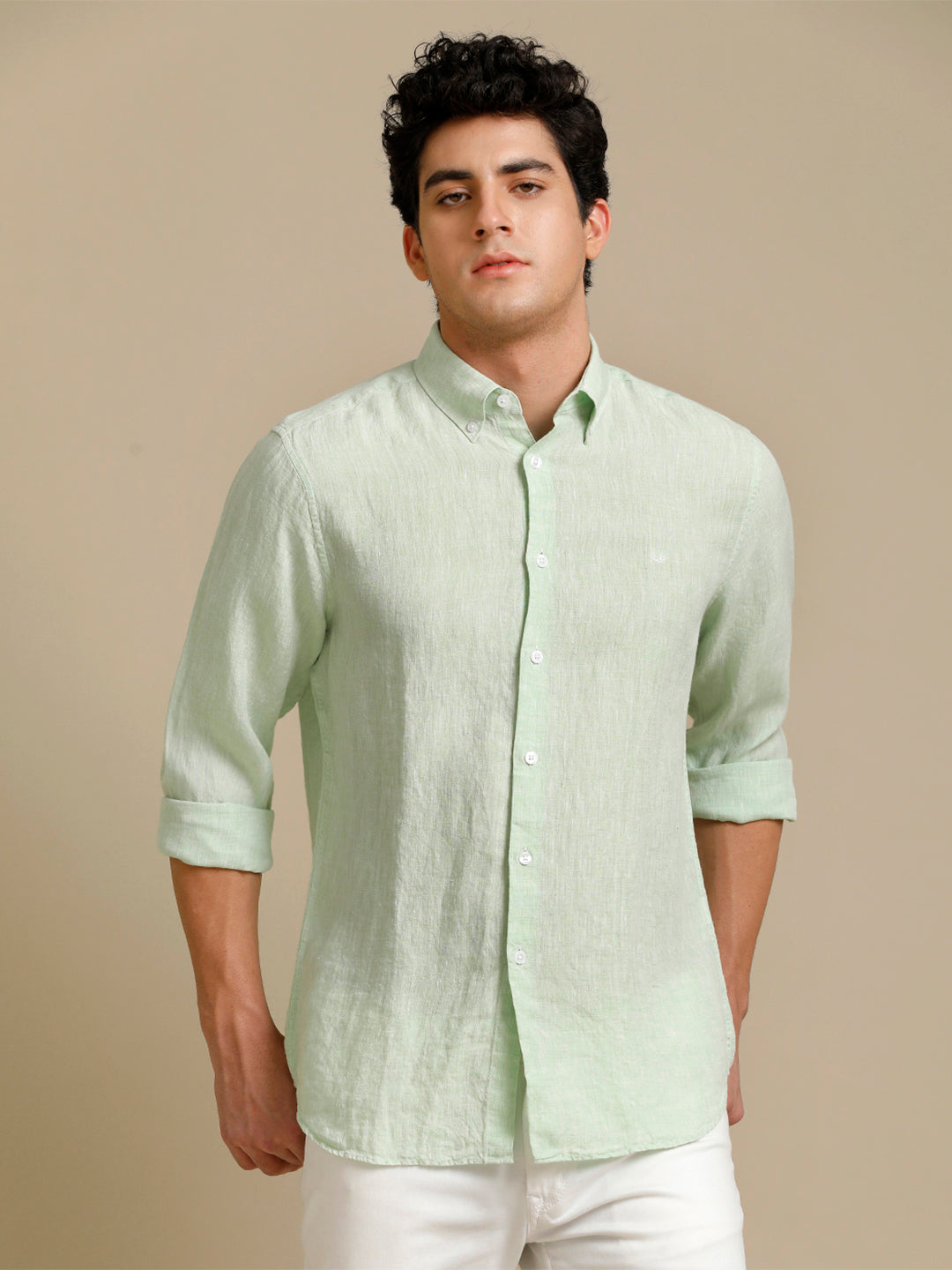 Aldeno Mens Regular Fit Tea Green Solid Casual Linen Shirt (LAGON)