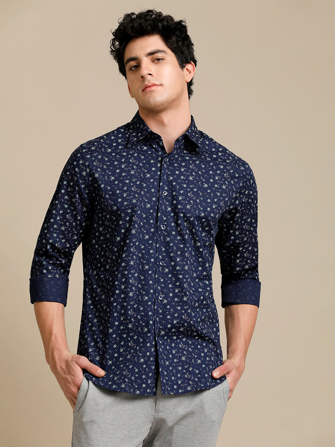 Aldeno Mens Regular Fit Floral Aop Starlight Blue/Green Casual Cotton SHIRT (POPIN)