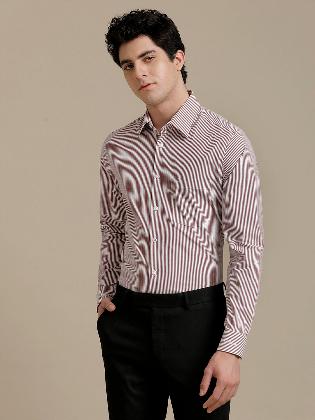 Aldeno Mens Slim Fit Maroon/White Stripe Formal Cotton Blend Stretch Shirt (RENZO)