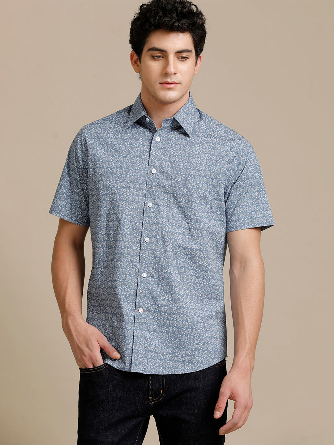Aldeno Mens Regular Fit Steel Blue Abstract Aop Casual Cotton Blend Stretch Shirt (HANJA)