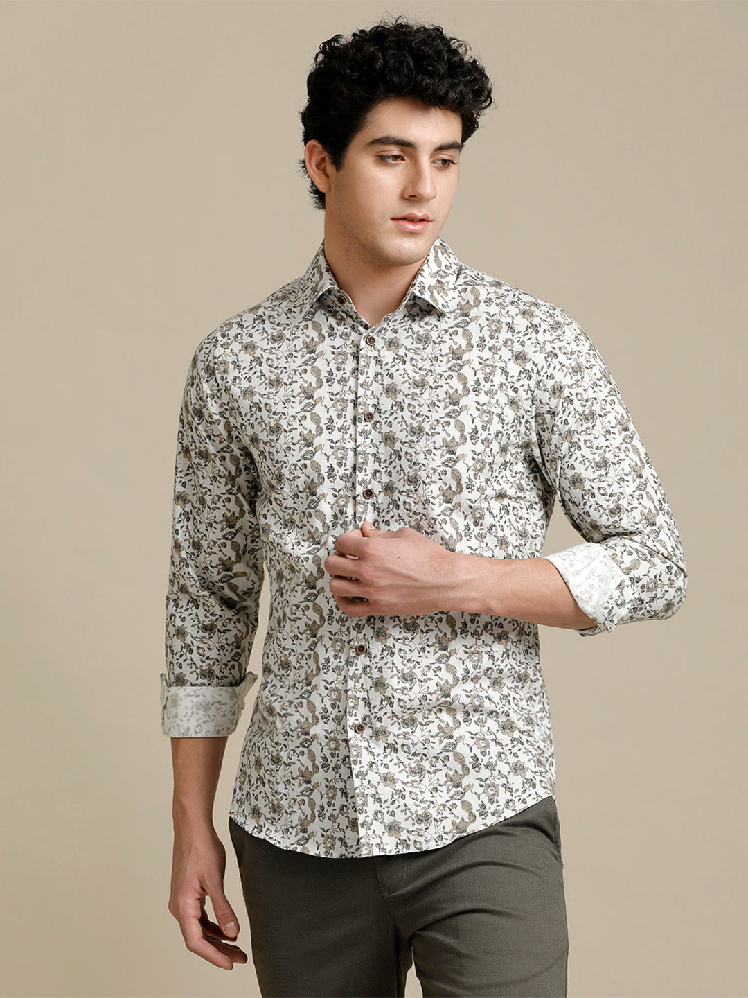 Aldeno Mens Slim Fit Floral Aop White/Brown Casual Cotton Shirt (BEFOL)