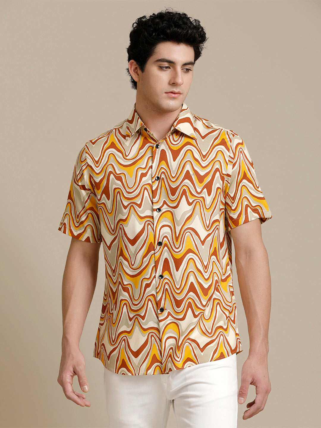 Aldeno Mens Regular Fit Abstract Beige/Rust/Yellow Casual Rayon Shirt (PIMUL)