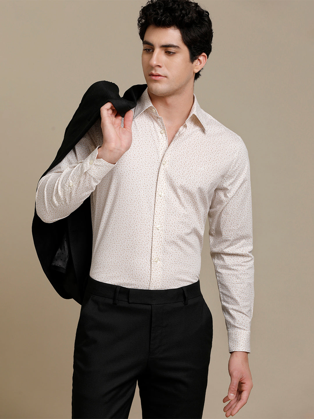 Aldeno Mens Slim Fit Bige/Brown/White Lead Aop Casual Cotton Stretch Shirt (PIBEG)