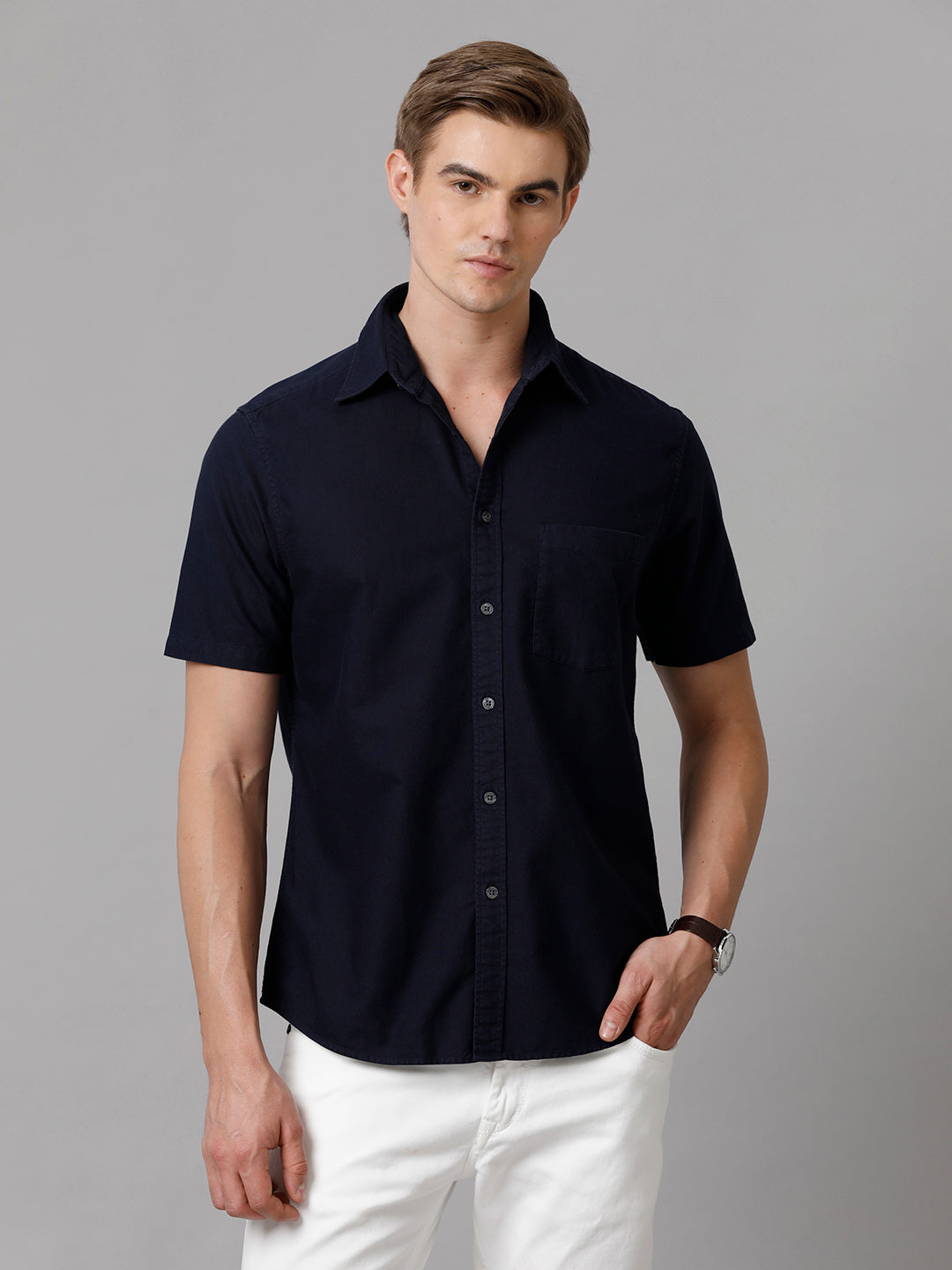 Aldeno Men Solid Casual Navy Blue Shirt (ORVIN)