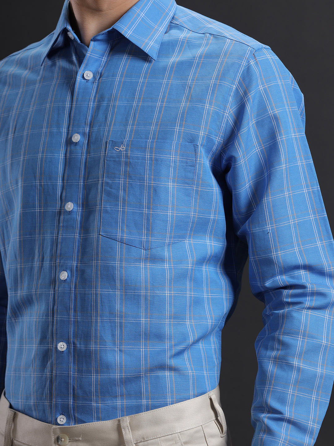 Aldeno Men Regular Fit Check Blue/White/Beige Casual Linen Blend Shirt (CAMSI)