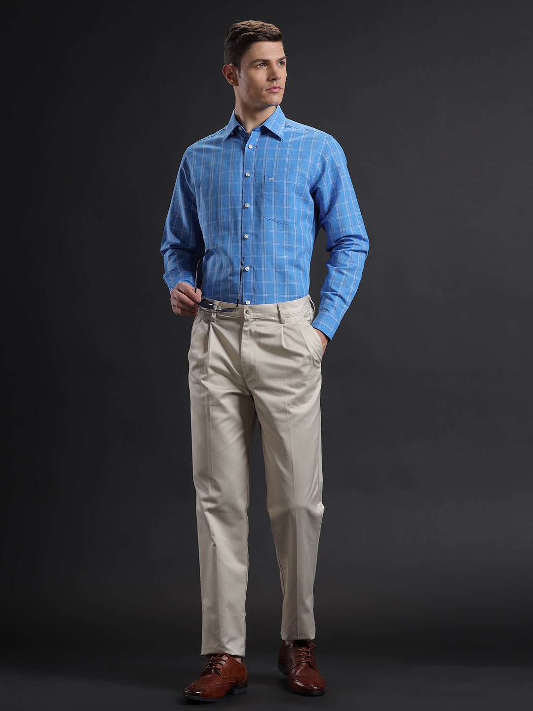 Aldeno Men Regular Fit Check Blue/White/Beige Casual Linen Blend Shirt (CAMSI)