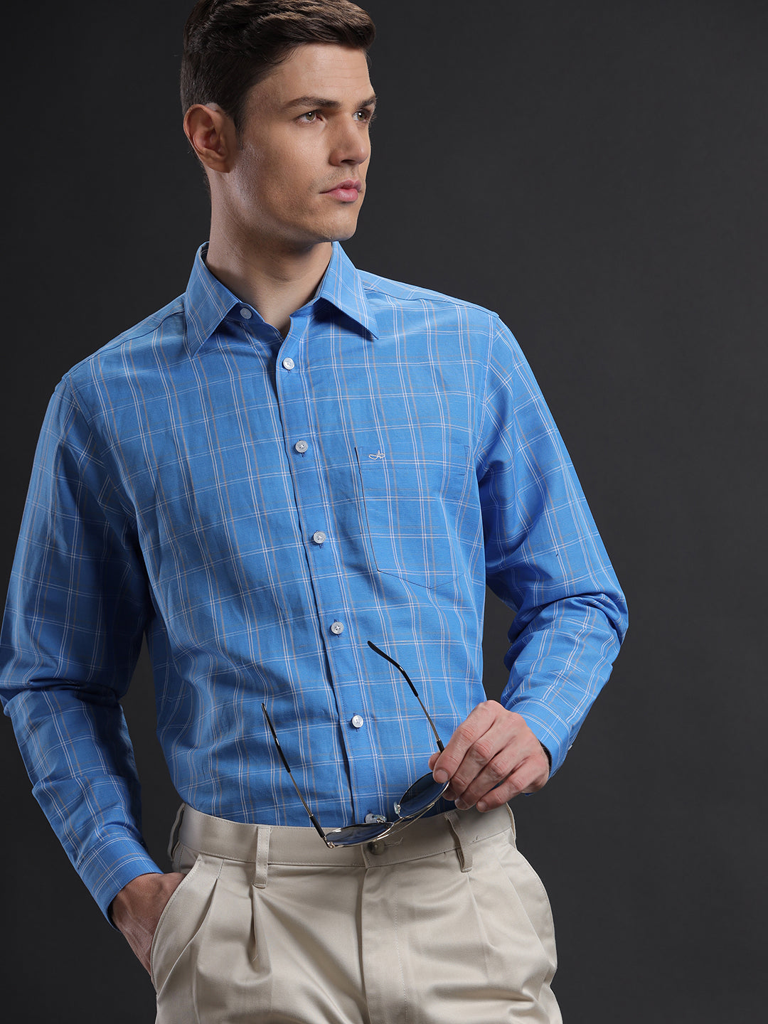Aldeno Men Regular Fit Check Blue/White/Beige Casual Linen Blend Shirt (CAMSI)