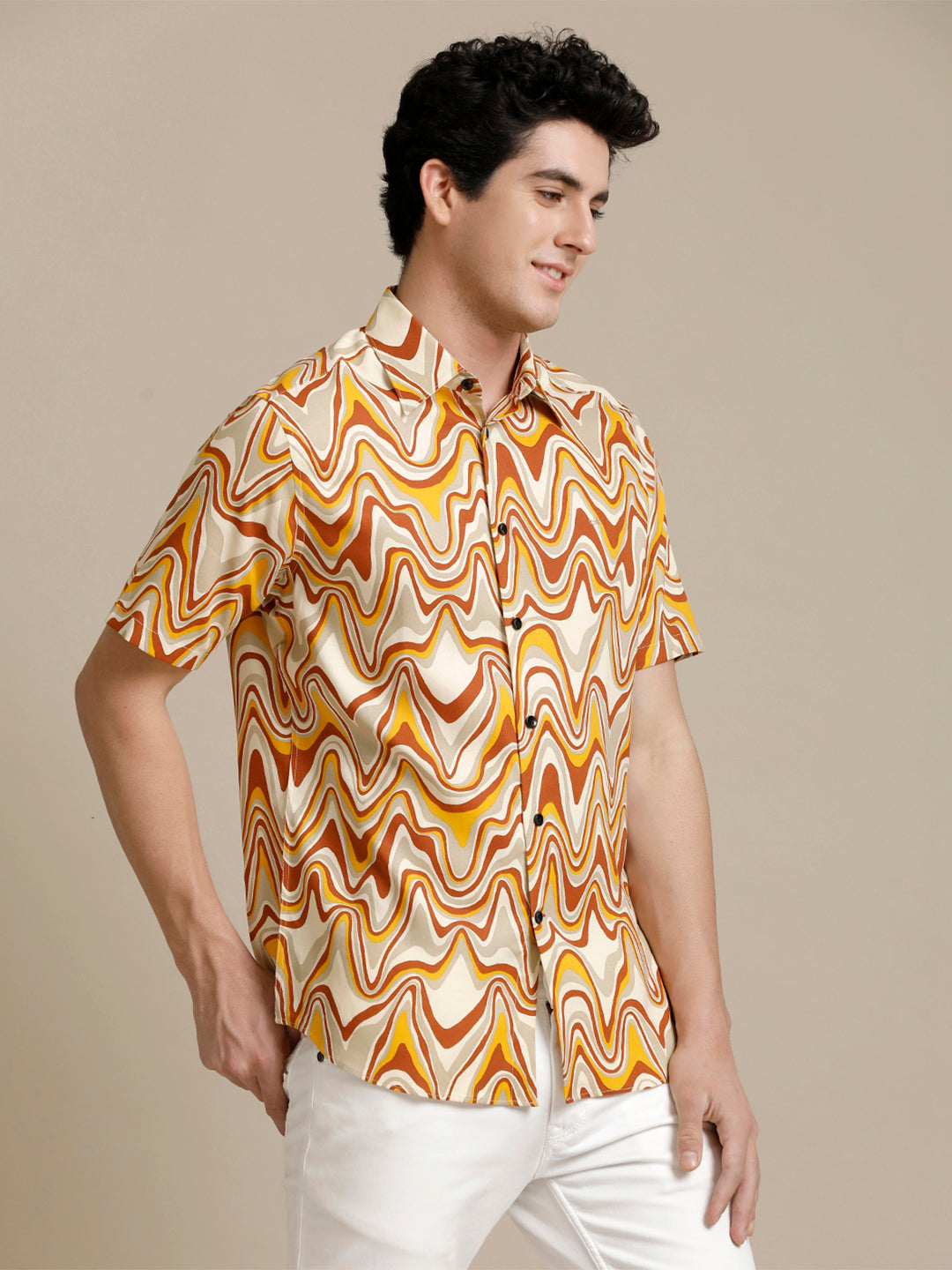 Aldeno Mens Regular Fit Abstract Beige/Rust/Yellow Casual Rayon Shirt (PIMUL)