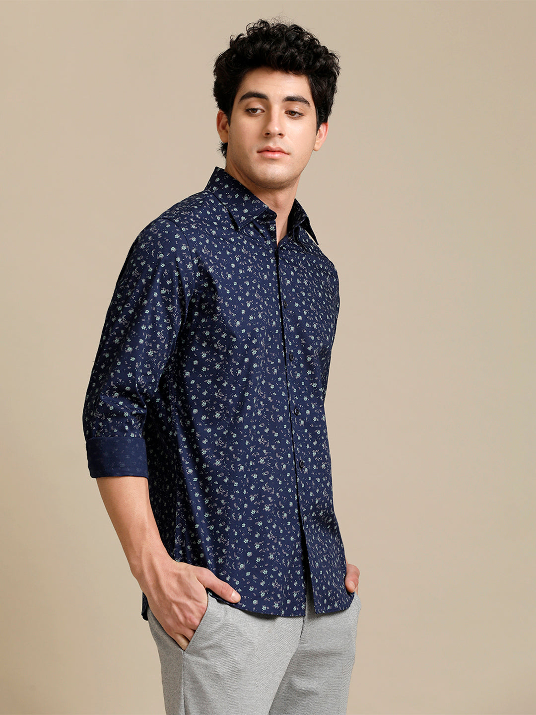 Aldeno Mens Regular Fit Floral Aop Starlight Blue/Green Casual Cotton SHIRT (POPIN)