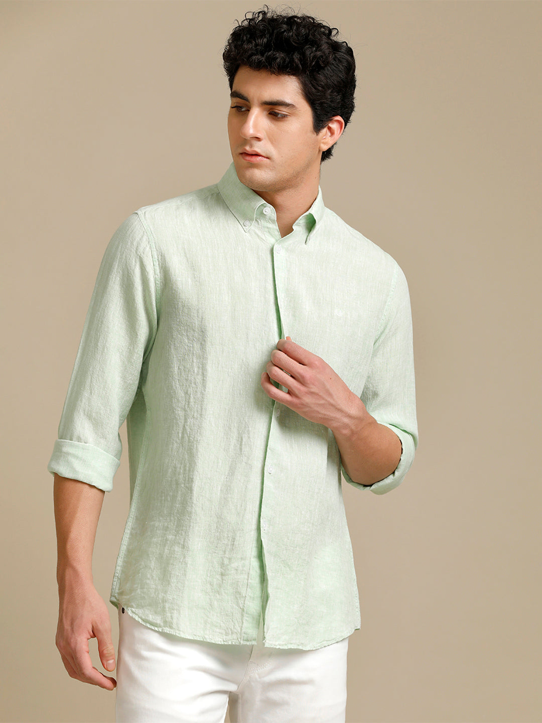Aldeno Mens Regular Fit Tea Green Solid Casual Linen Shirt (LAGON)