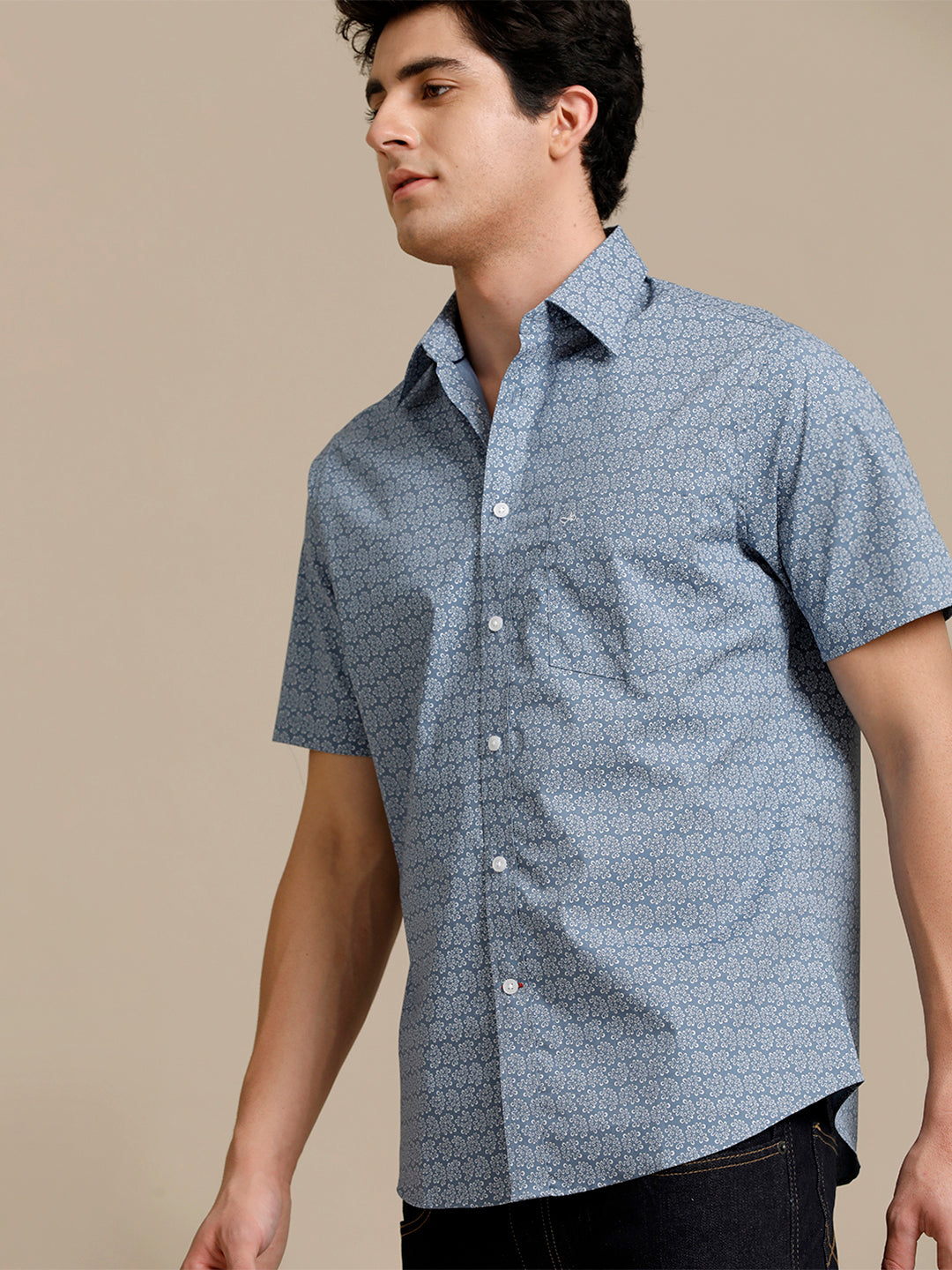 Aldeno Mens Regular Fit Steel Blue Abstract Aop Casual Cotton Blend Stretch Shirt (HANJA)