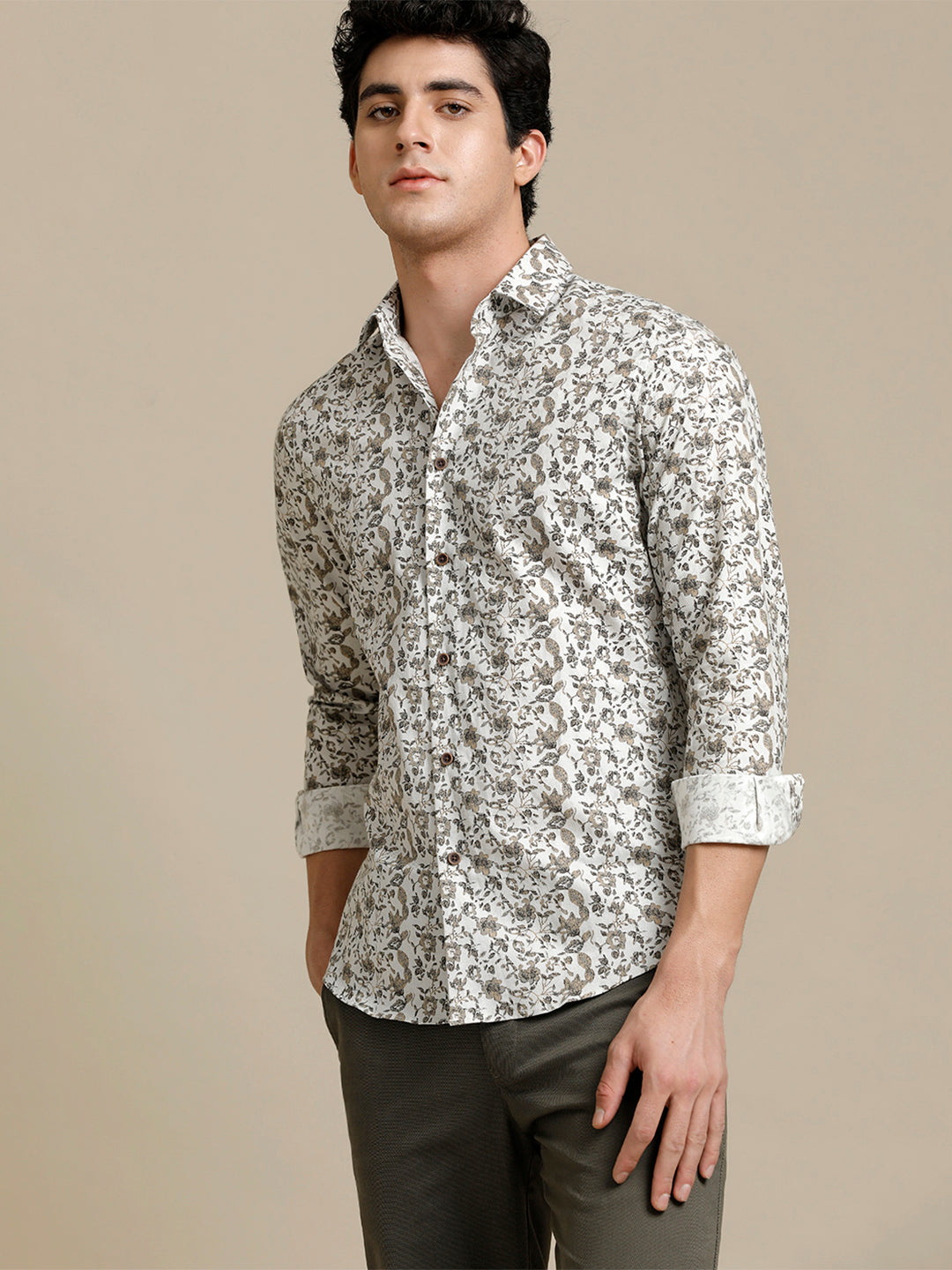 Aldeno Mens Slim Fit Floral Aop White/Brown Casual Cotton Shirt (BEFOL)