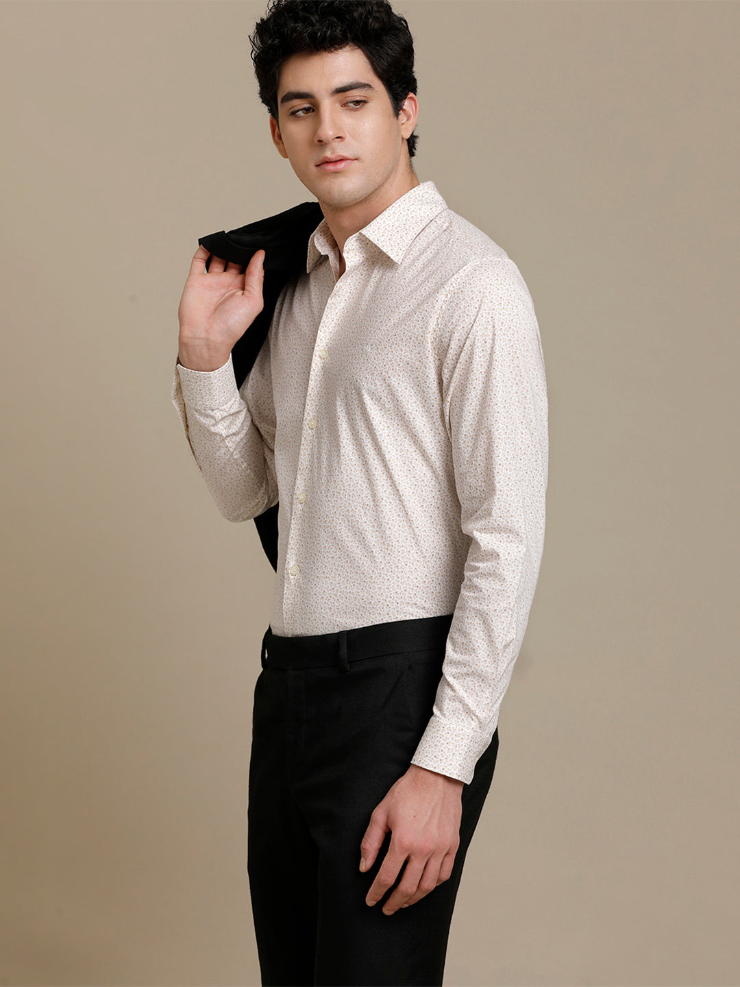 Aldeno Mens Slim Fit Bige/Brown/White Lead Aop Casual Cotton Stretch Shirt (PIBEG)