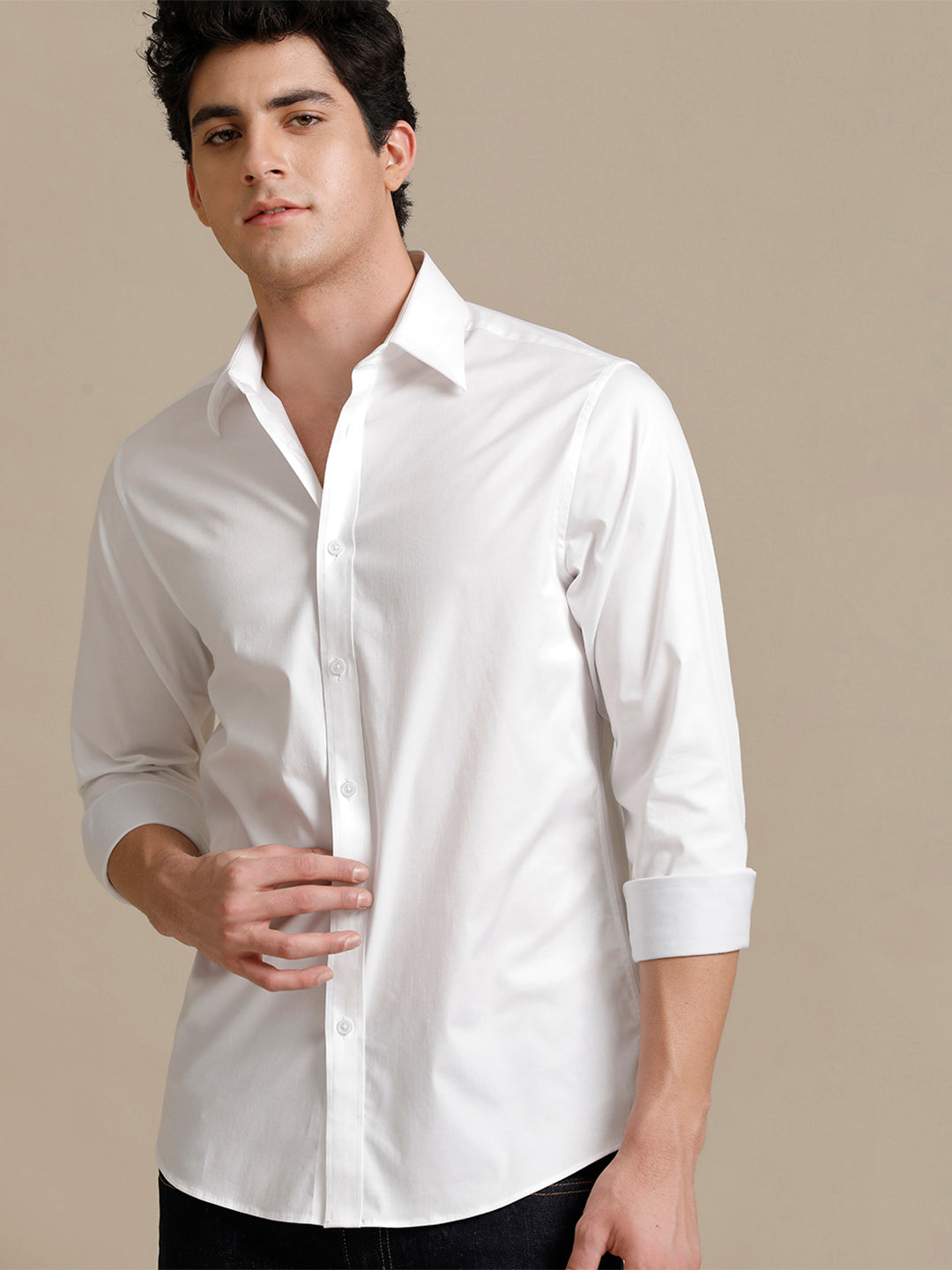 Aldeno Mens Regular Fit Solid White Formal Cotton Stretch Shirt (CLOYD)