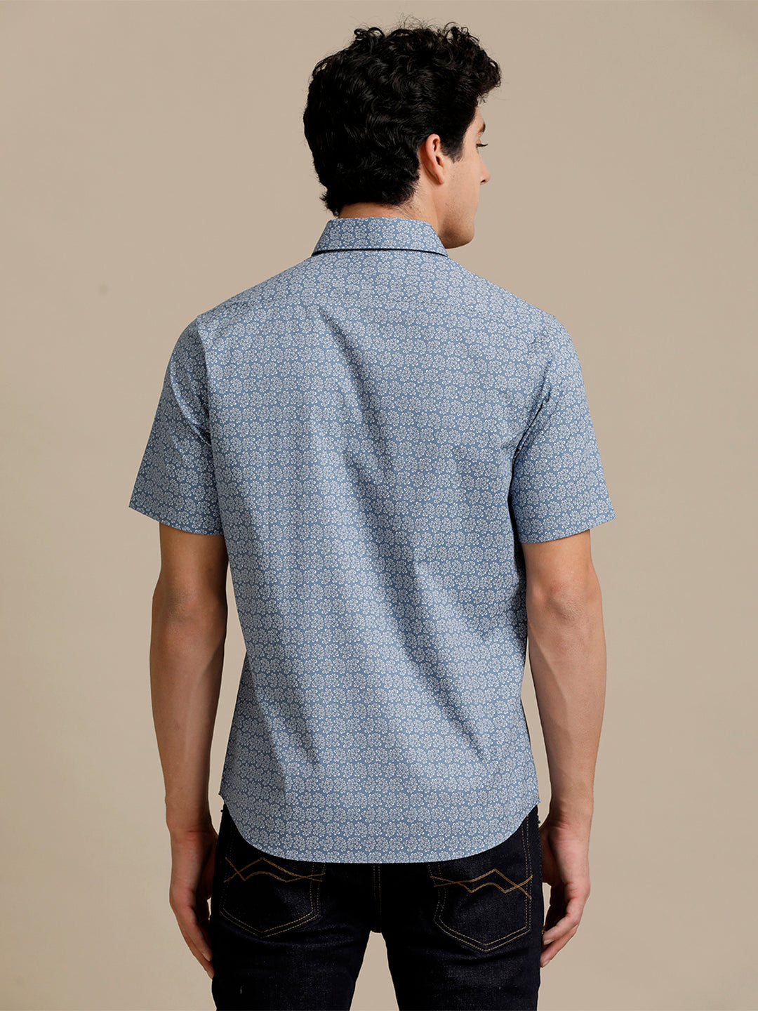 Aldeno Mens Regular Fit Steel Blue Abstract Aop Casual Cotton Blend Stretch Shirt (HANJA)