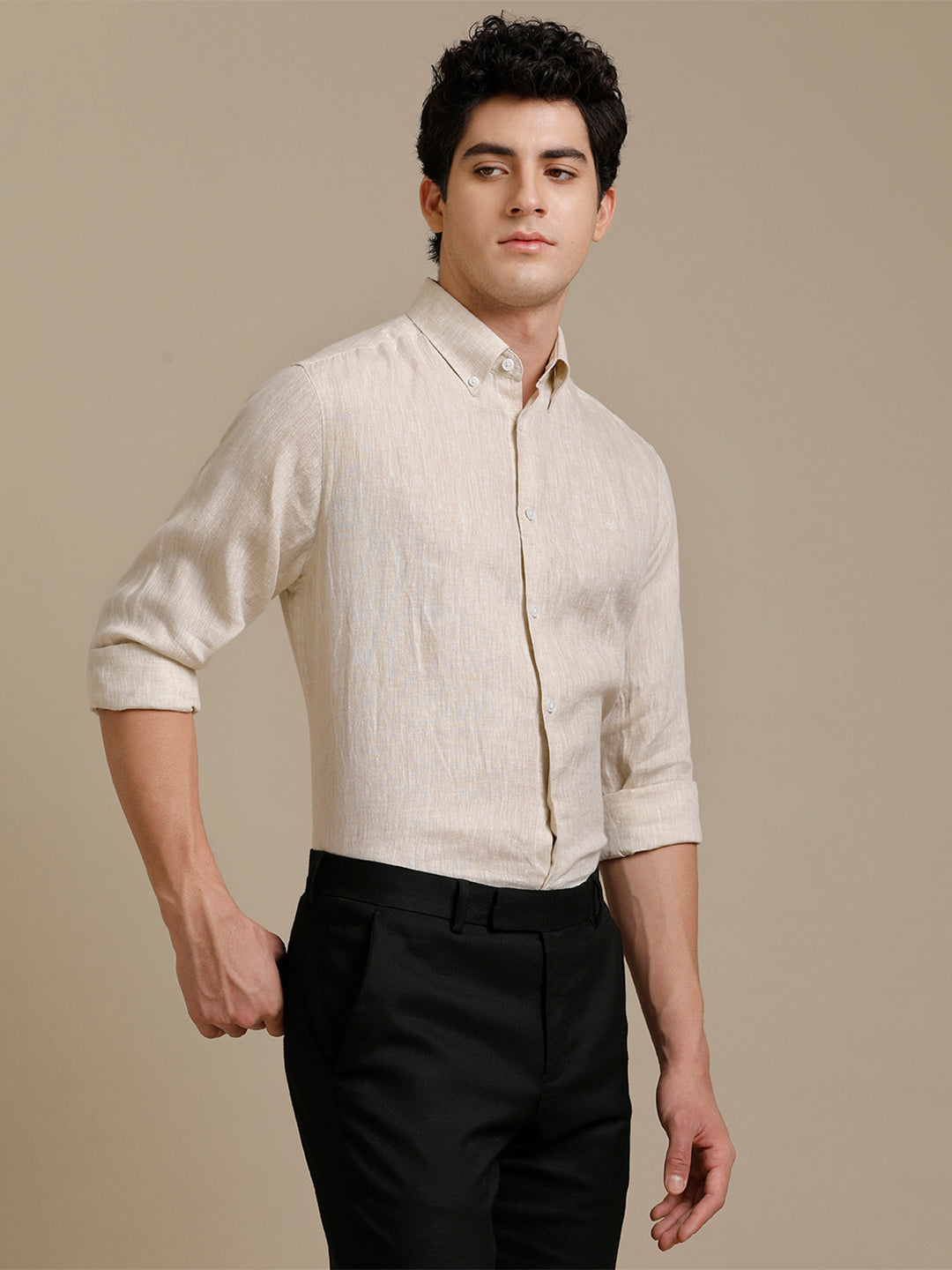 Aldeno Mens Regular Fit Cream Solid Casual Linen Shirt (LACEG)