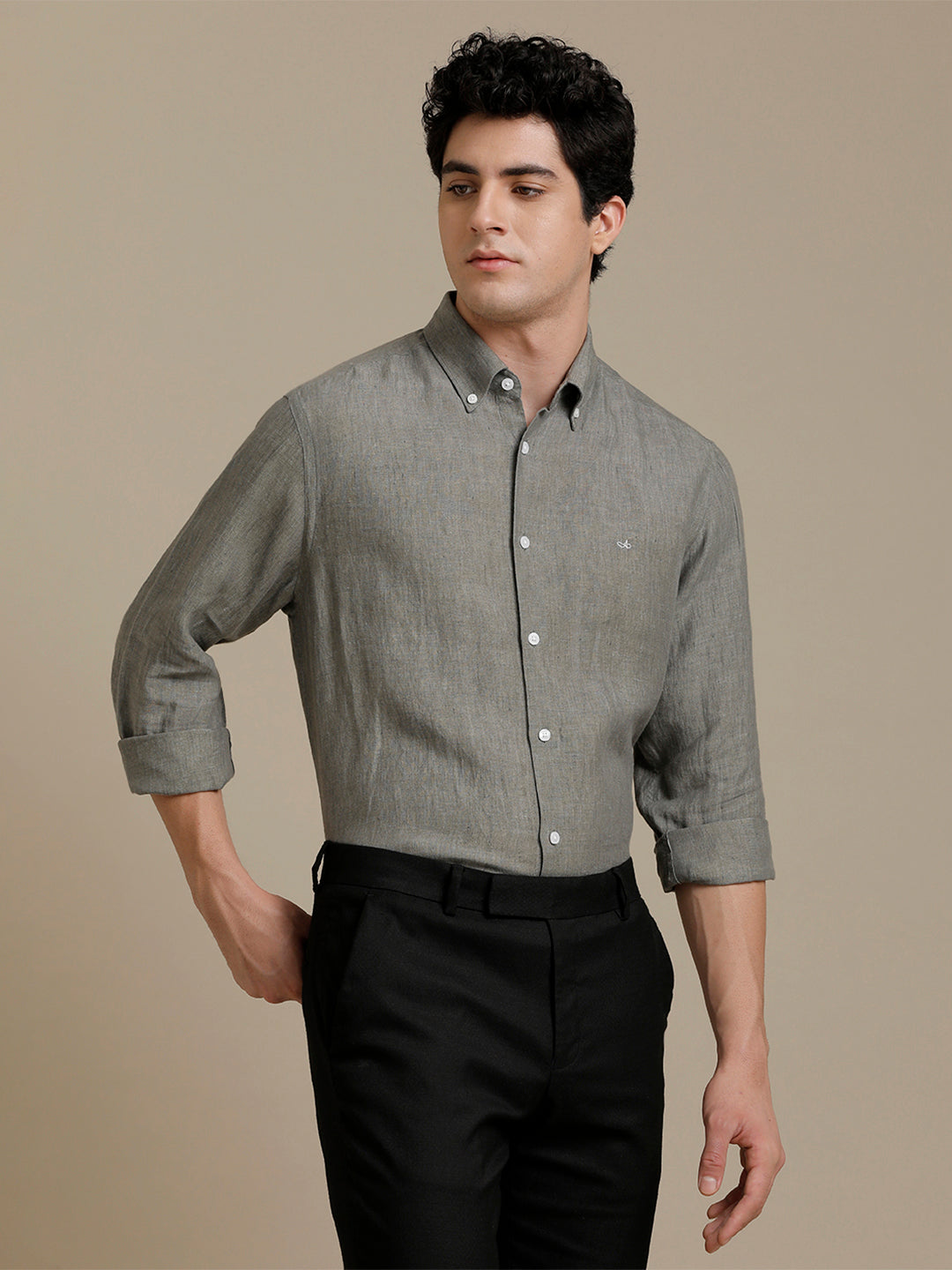 Aldeno Mens Regular Fit Seaweed Green Solid Casual Linen Shirt (LAGRE)
