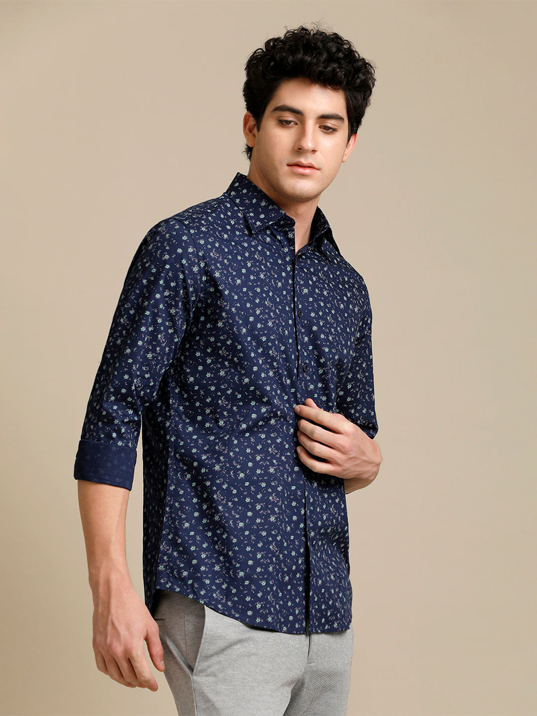 Aldeno Mens Regular Fit Floral Aop Starlight Blue/Green Casual Cotton SHIRT (POPIN)