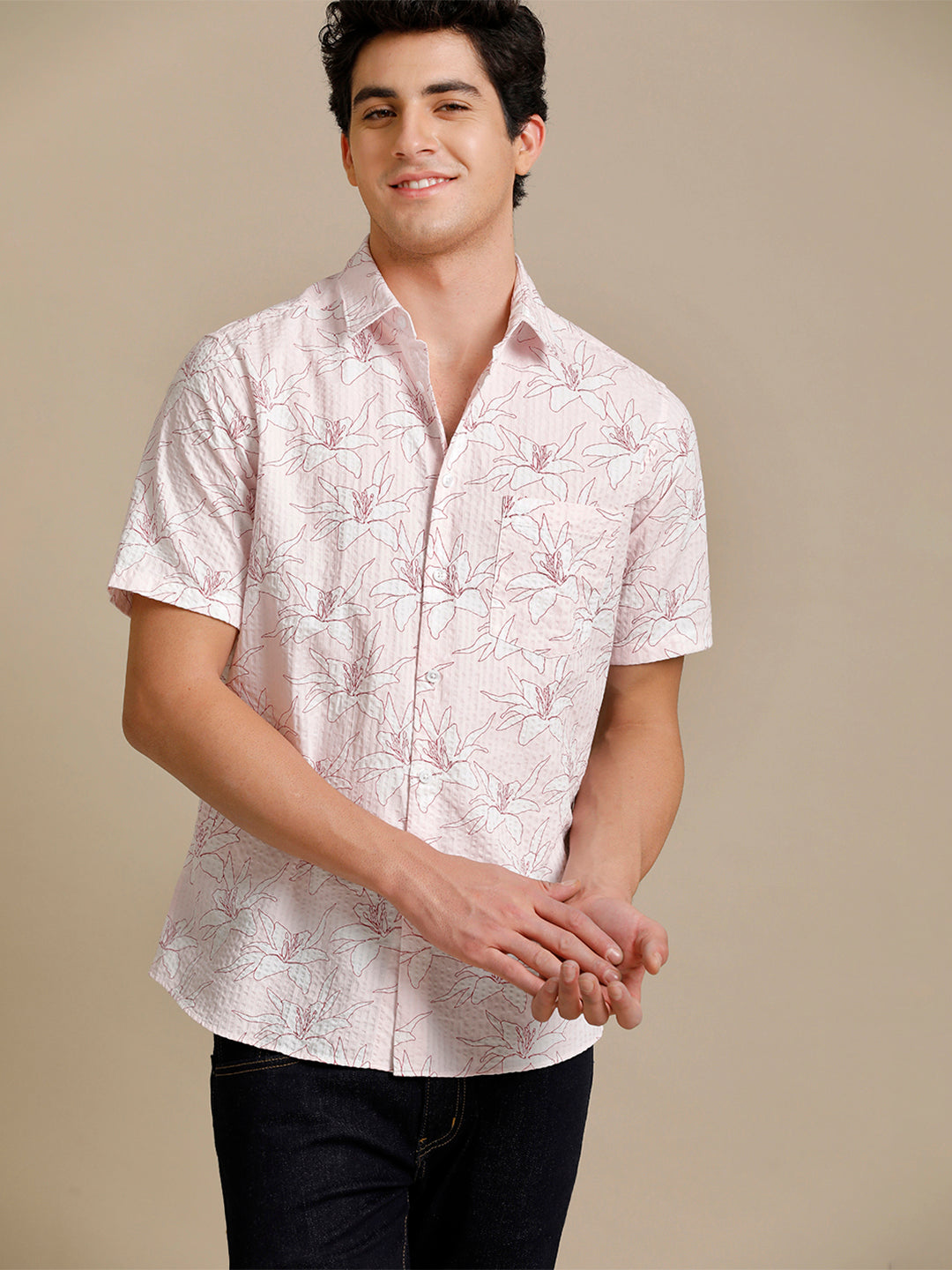 Aldeno Mens Regular Fit Floral Aop Pink/White Casual Cotton Shirt (FLOPIN)