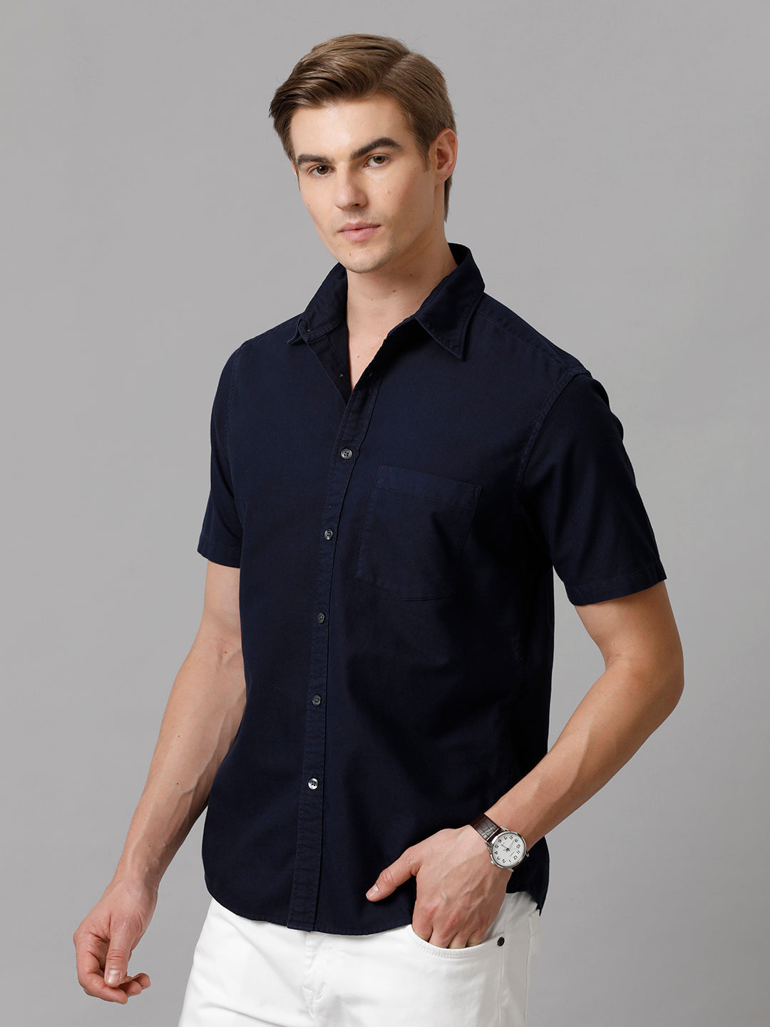 Aldeno Men Solid Casual Navy Blue Shirt (ORVIN)