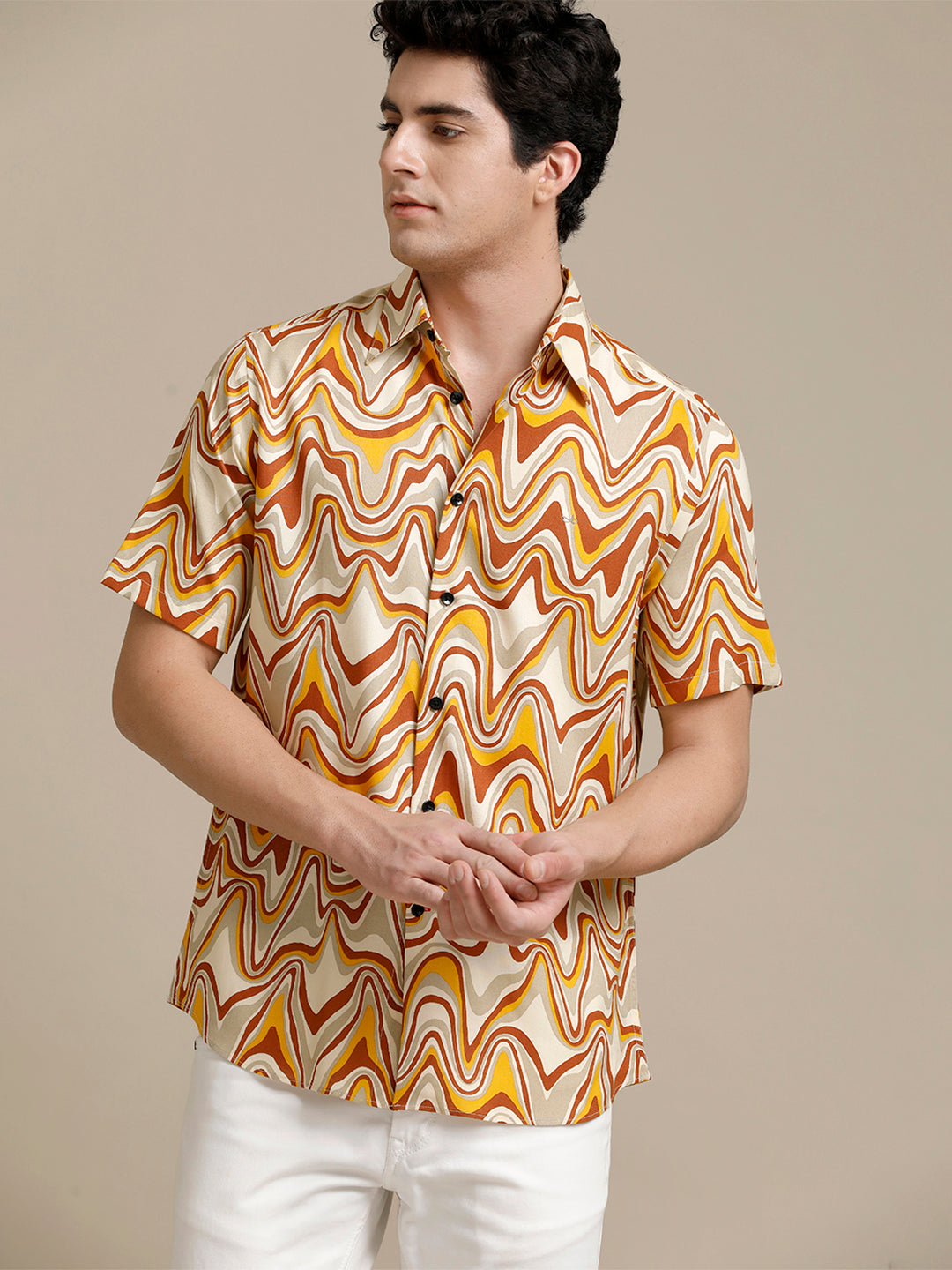 Aldeno Mens Regular Fit Abstract Beige/Rust/Yellow Casual Rayon Shirt (PIMUL)