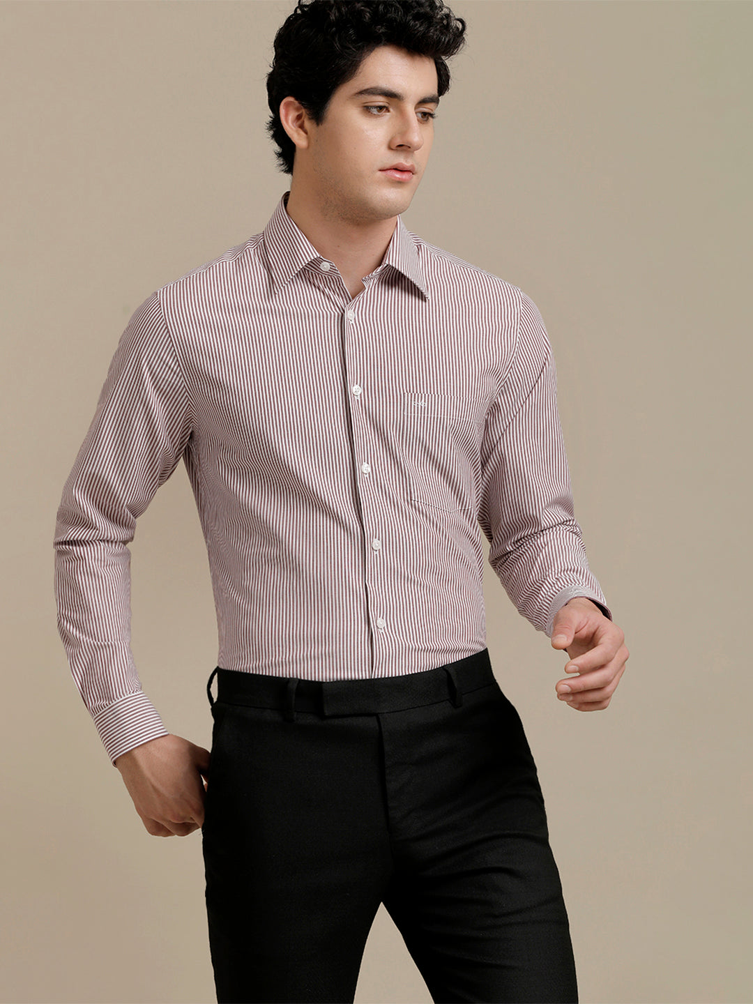 Aldeno Mens Slim Fit Maroon/White Stripe Formal Cotton Blend Stretch Shirt (RENZO)