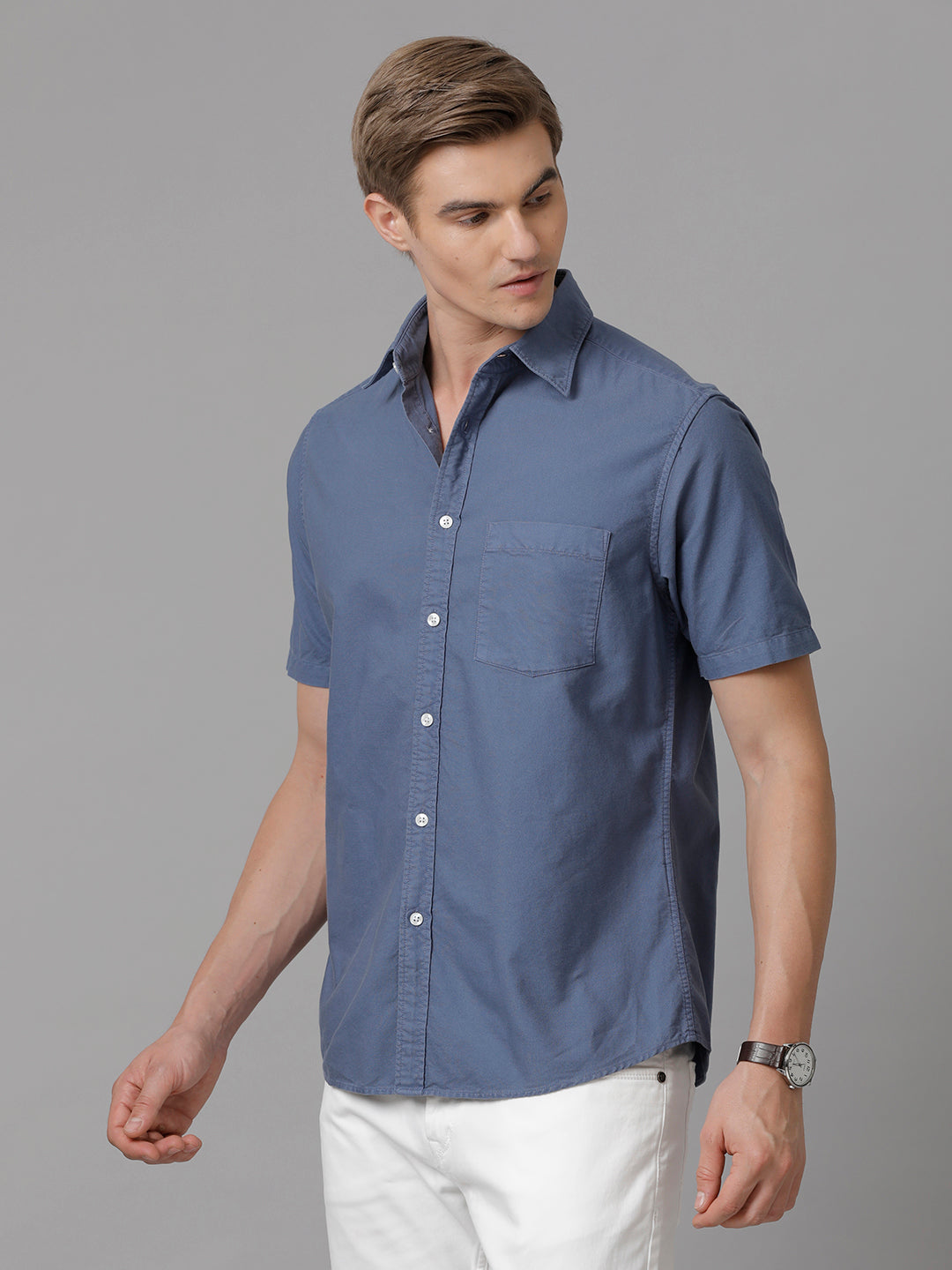 Aldeno Men Solid Casual Blue Shirt (OLIXY)