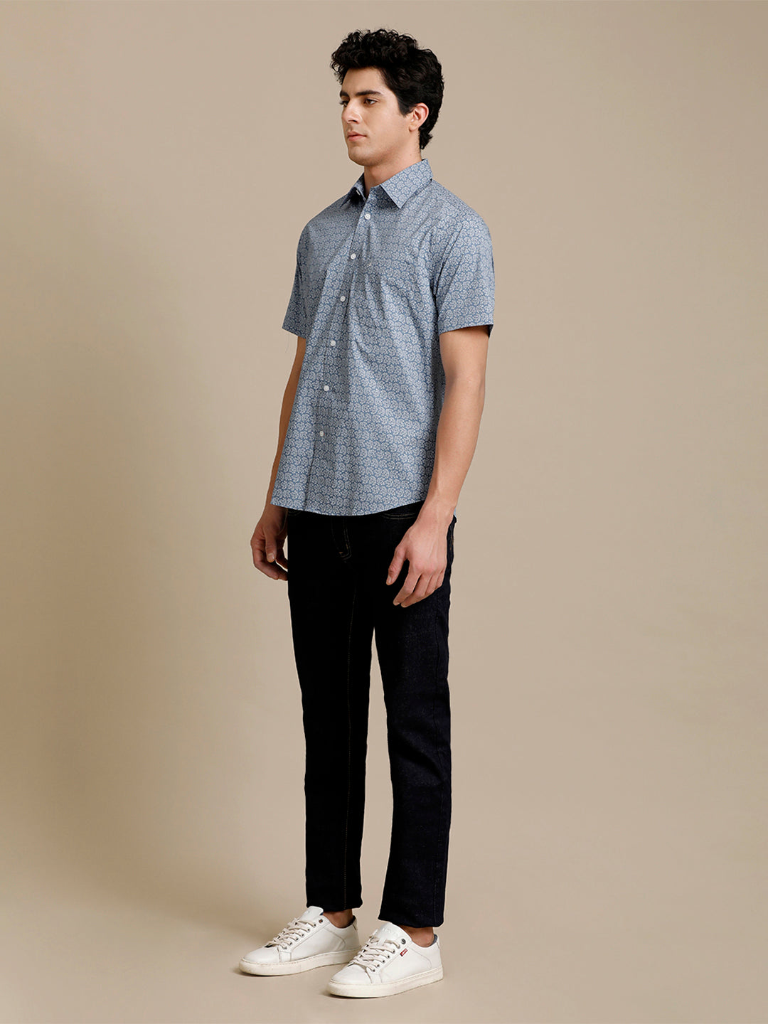 Aldeno Mens Regular Fit Steel Blue Abstract Aop Casual Cotton Blend Stretch Shirt (HANJA)