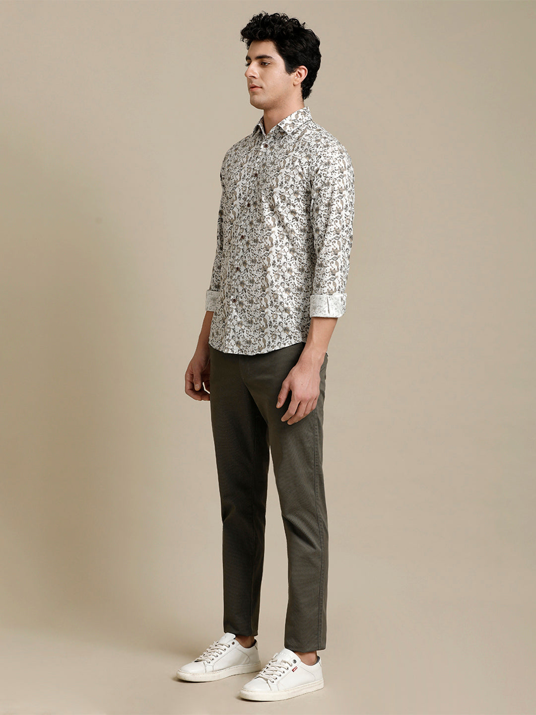 Aldeno Mens Slim Fit Floral Aop White/Brown Casual Cotton Shirt (BEFOL)