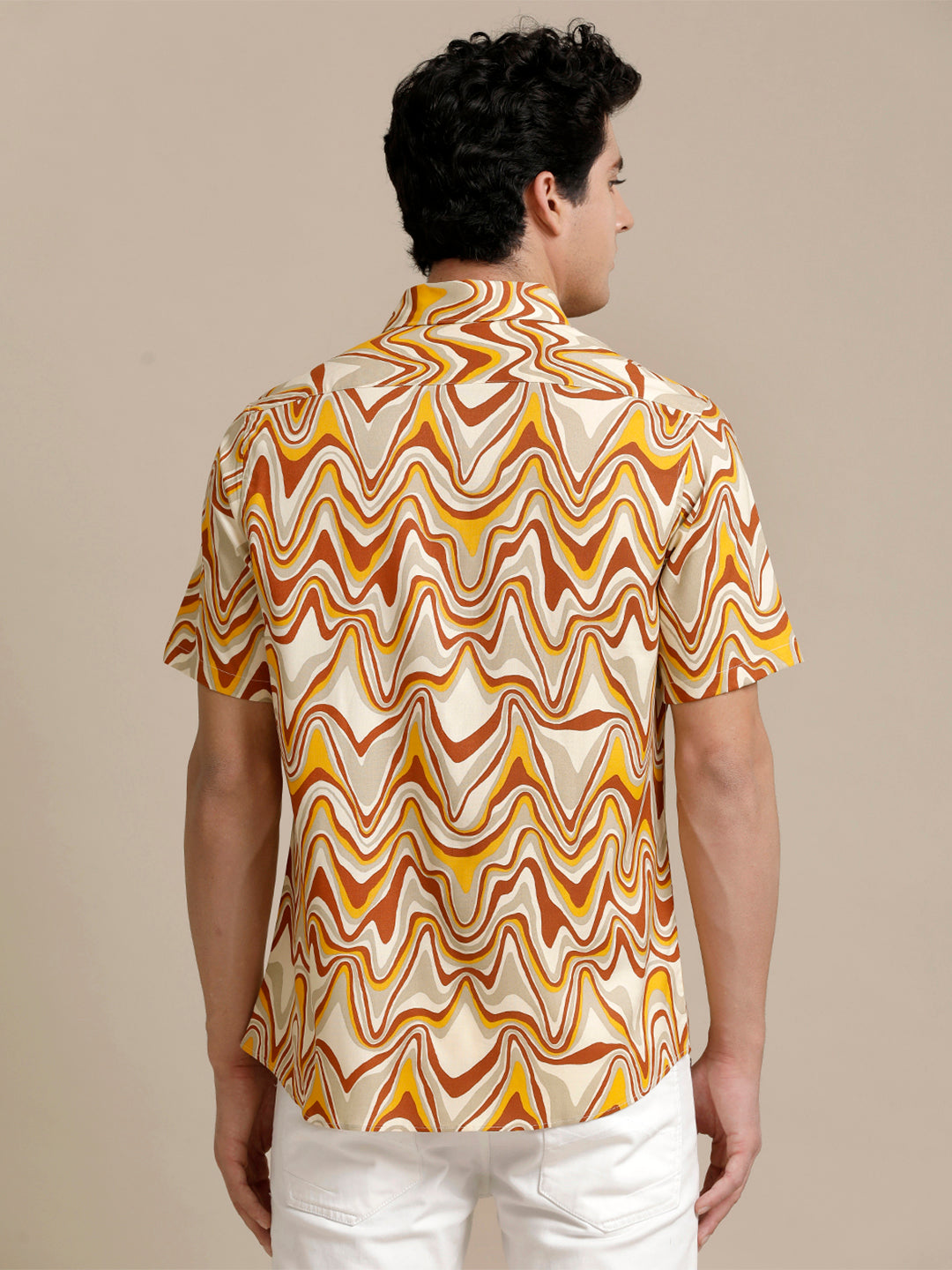 Aldeno Mens Regular Fit Abstract Beige/Rust/Yellow Casual Rayon Shirt (PIMUL)