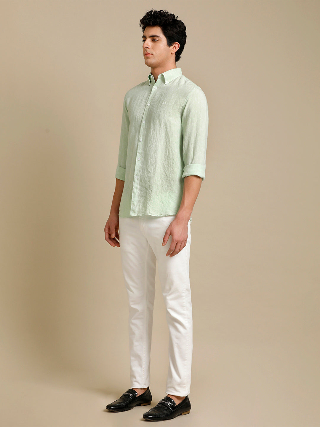 Aldeno Mens Regular Fit Tea Green Solid Casual Linen Shirt (LAGON)