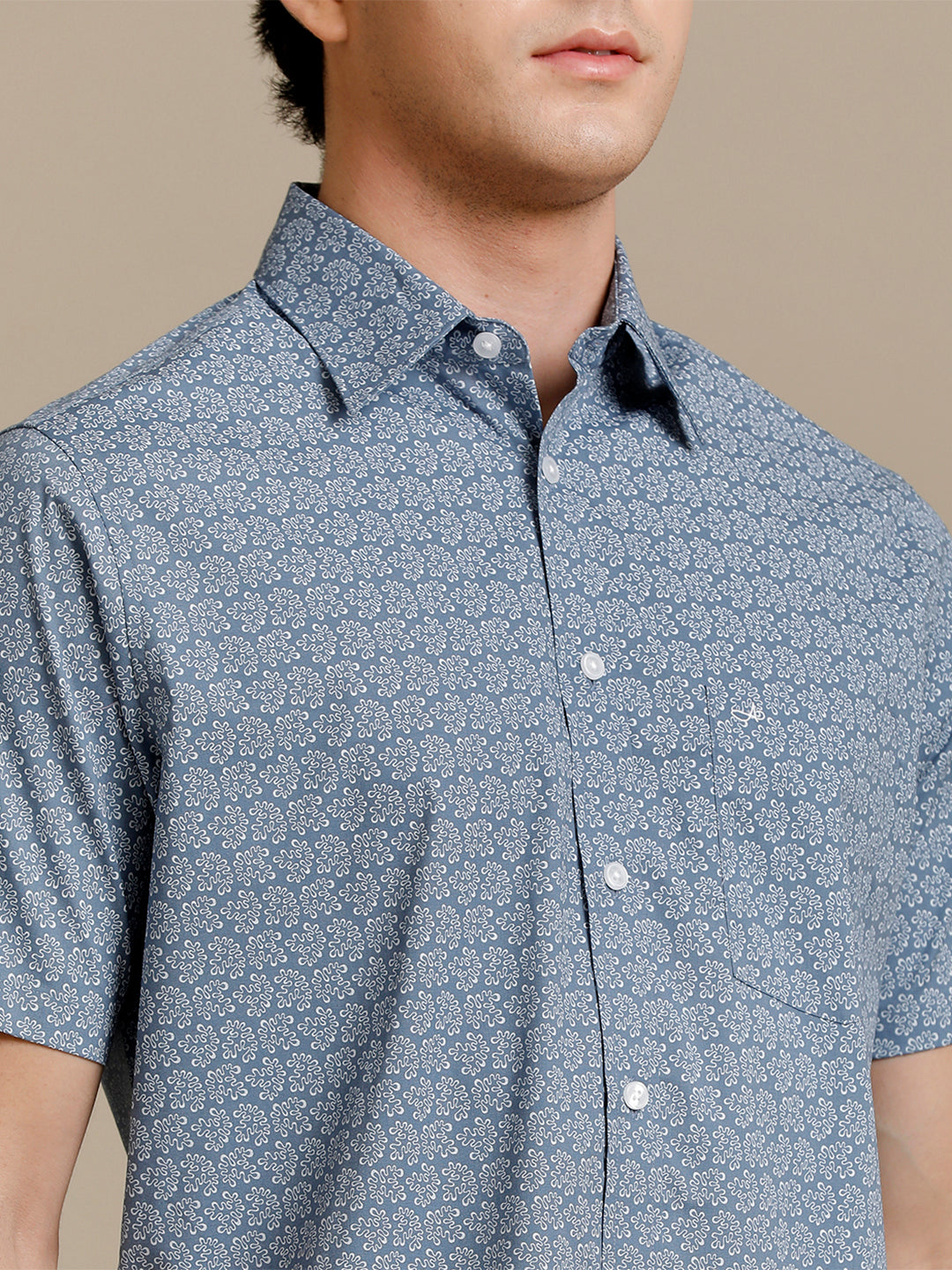 Aldeno Mens Regular Fit Steel Blue Abstract Aop Casual Cotton Blend Stretch Shirt (HANJA)