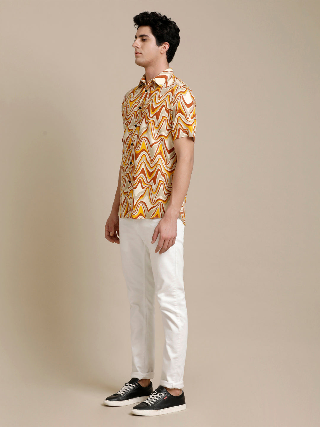 Aldeno Mens Regular Fit Abstract Beige/Rust/Yellow Casual Rayon Shirt (PIMUL)