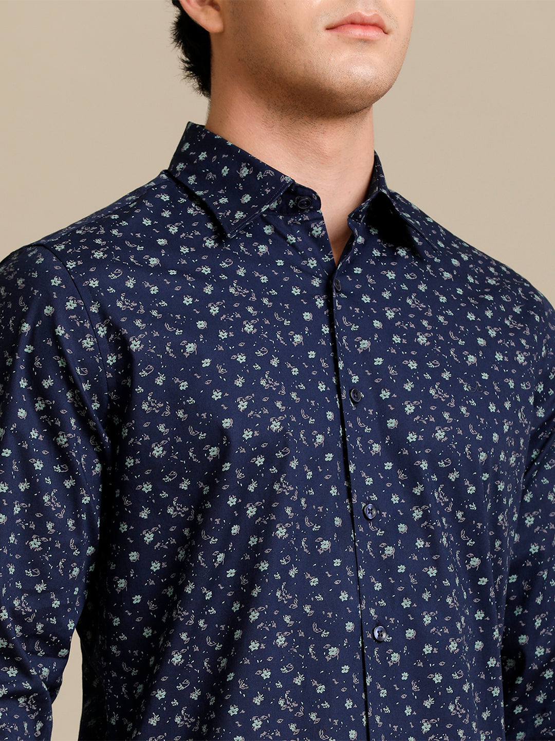 Aldeno Mens Regular Fit Floral Aop Starlight Blue/Green Casual Cotton SHIRT (POPIN)