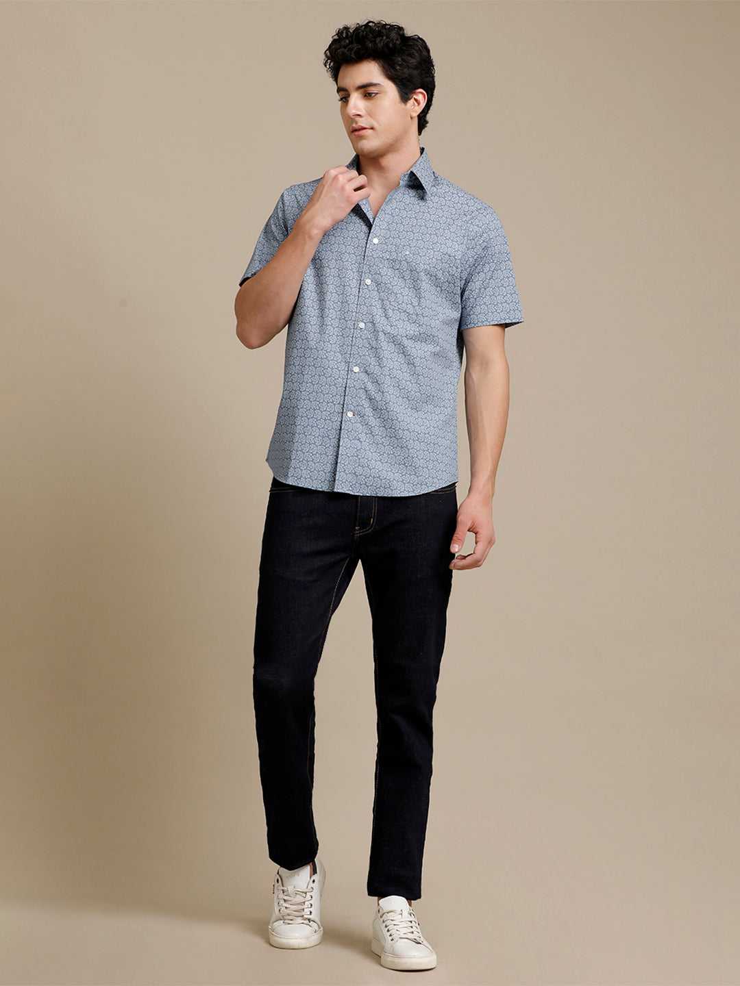 Aldeno Mens Regular Fit Steel Blue Abstract Aop Casual Cotton Blend Stretch Shirt (HANJA)