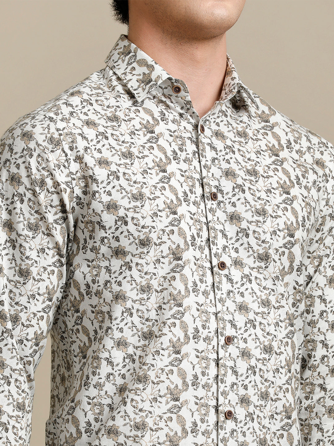 Aldeno Mens Slim Fit Floral Aop White/Brown Casual Cotton Shirt (BEFOL)