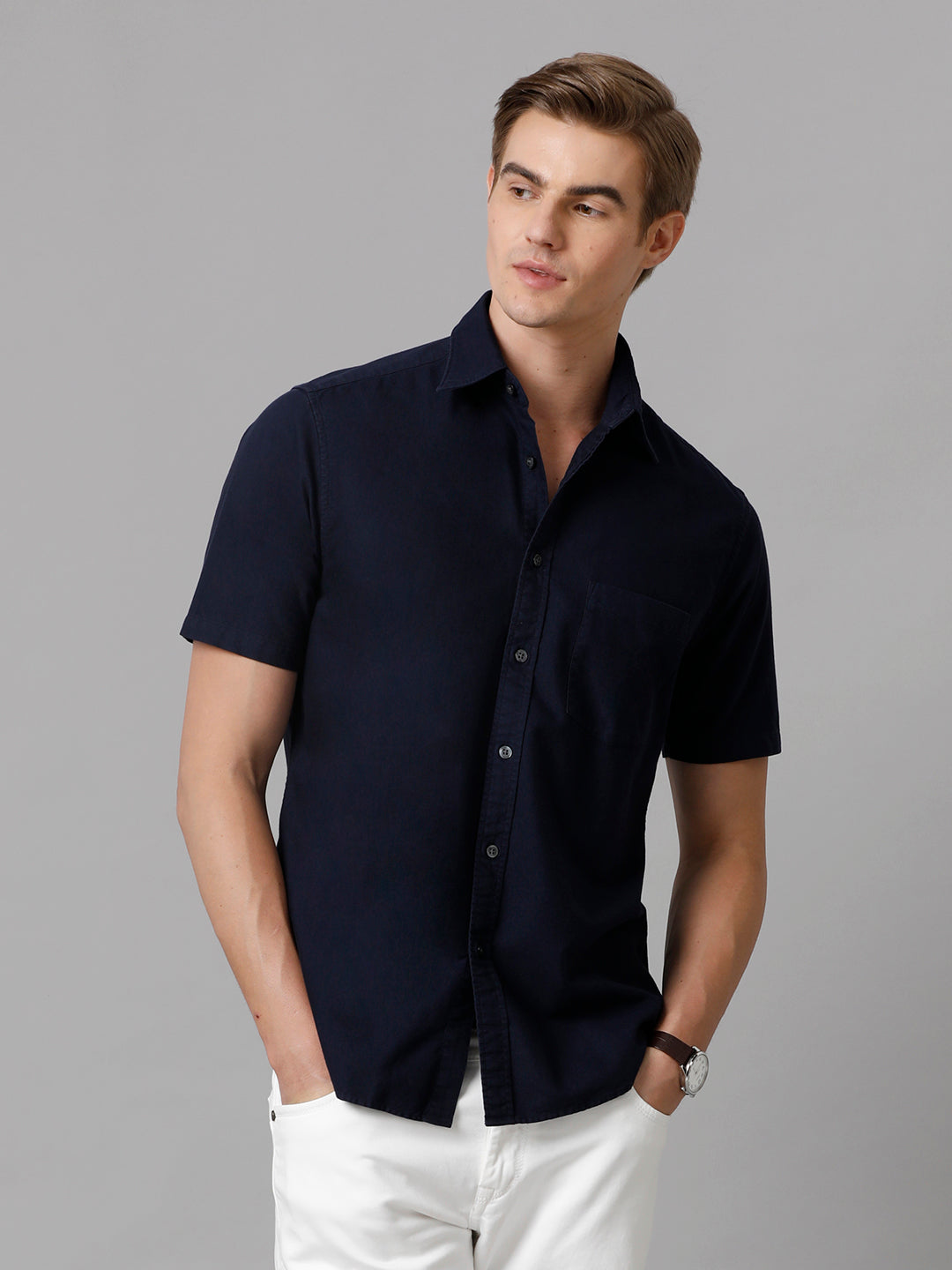 Aldeno Men Solid Casual Navy Blue Shirt (ORVIN)