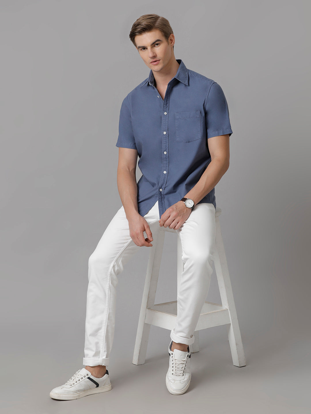 Aldeno Men Solid Casual Blue Shirt (OLIXY)