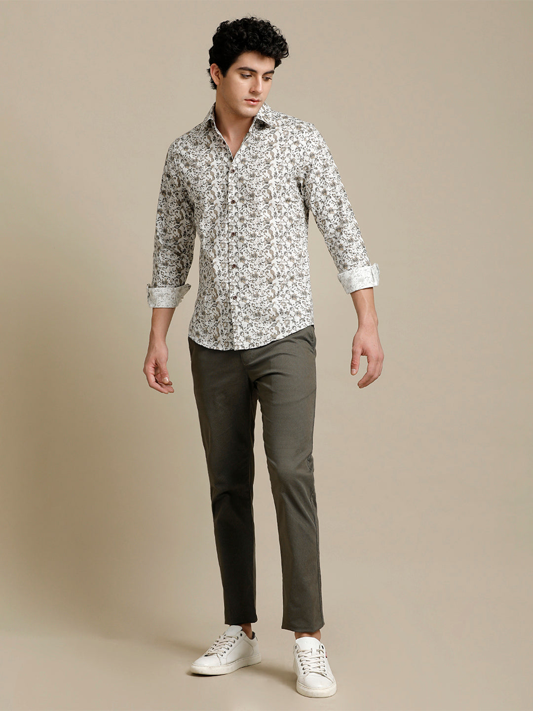 Aldeno Mens Slim Fit Floral Aop White/Brown Casual Cotton Shirt (BEFOL)